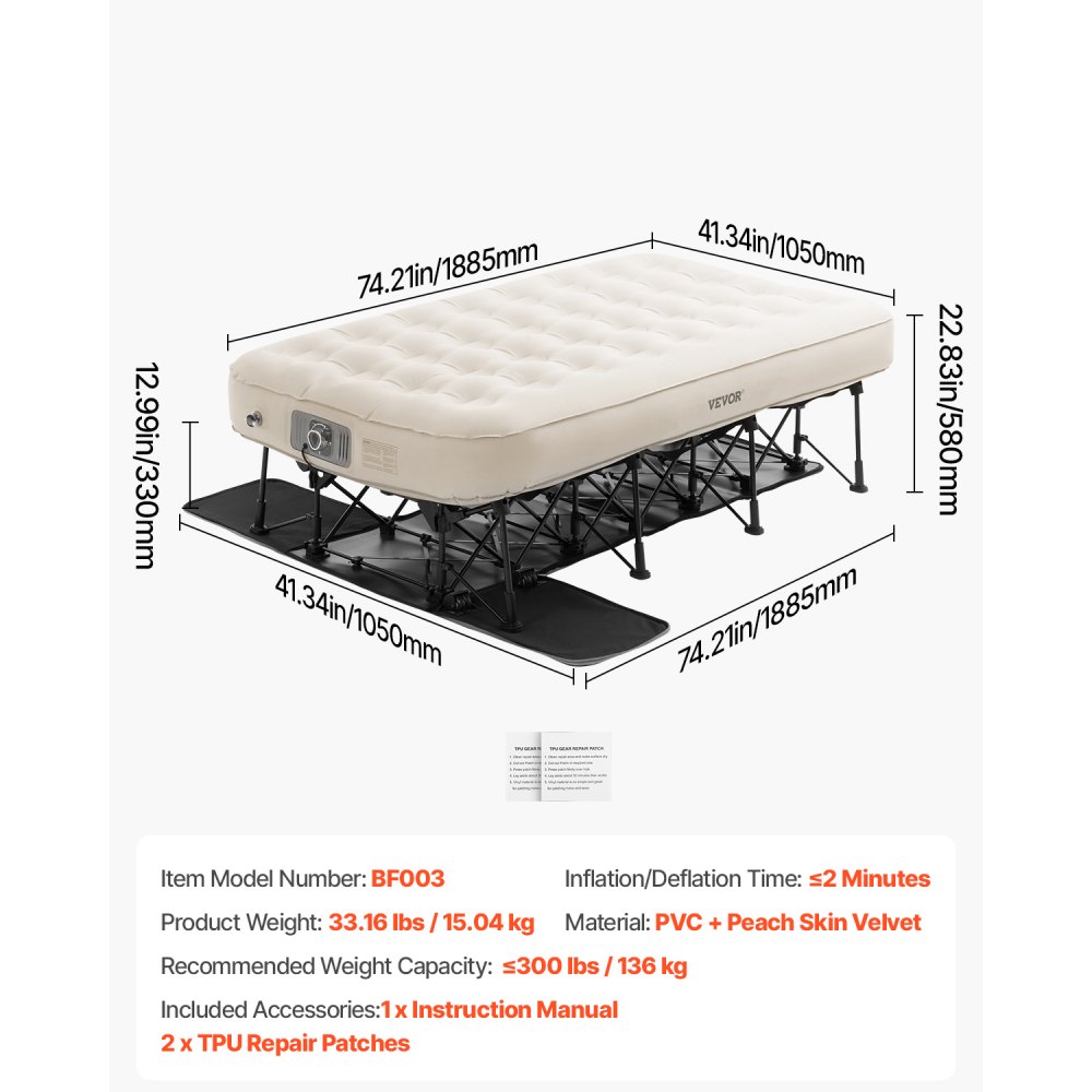 VEVOR Luchtbed met Frame 1885x1050x580 mm, Opblaasbaar 1-persoons kampeerbed met ingebouwde pomp, Draagbaar luchtbed tot 136 kg, Opblaasbaar bed voor gasten op de camping, op reis