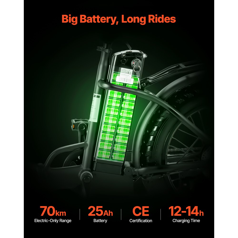 VEVOR 250W elektrische fiets voor volwassenen met grote, verwijderbare 25Ah accu, borstelloze 36V motor met een topsnelheid van 25 km/u, een maximale actieradius van 70 km, luchtbanden en 7 versnellingen.