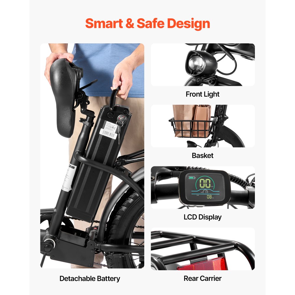 VEVOR 250W elektrische fiets voor volwassenen met grote, verwijderbare 25Ah accu, borstelloze 36V motor met een topsnelheid van 25 km/u, een maximale actieradius van 70 km, luchtbanden en 7 versnellingen.