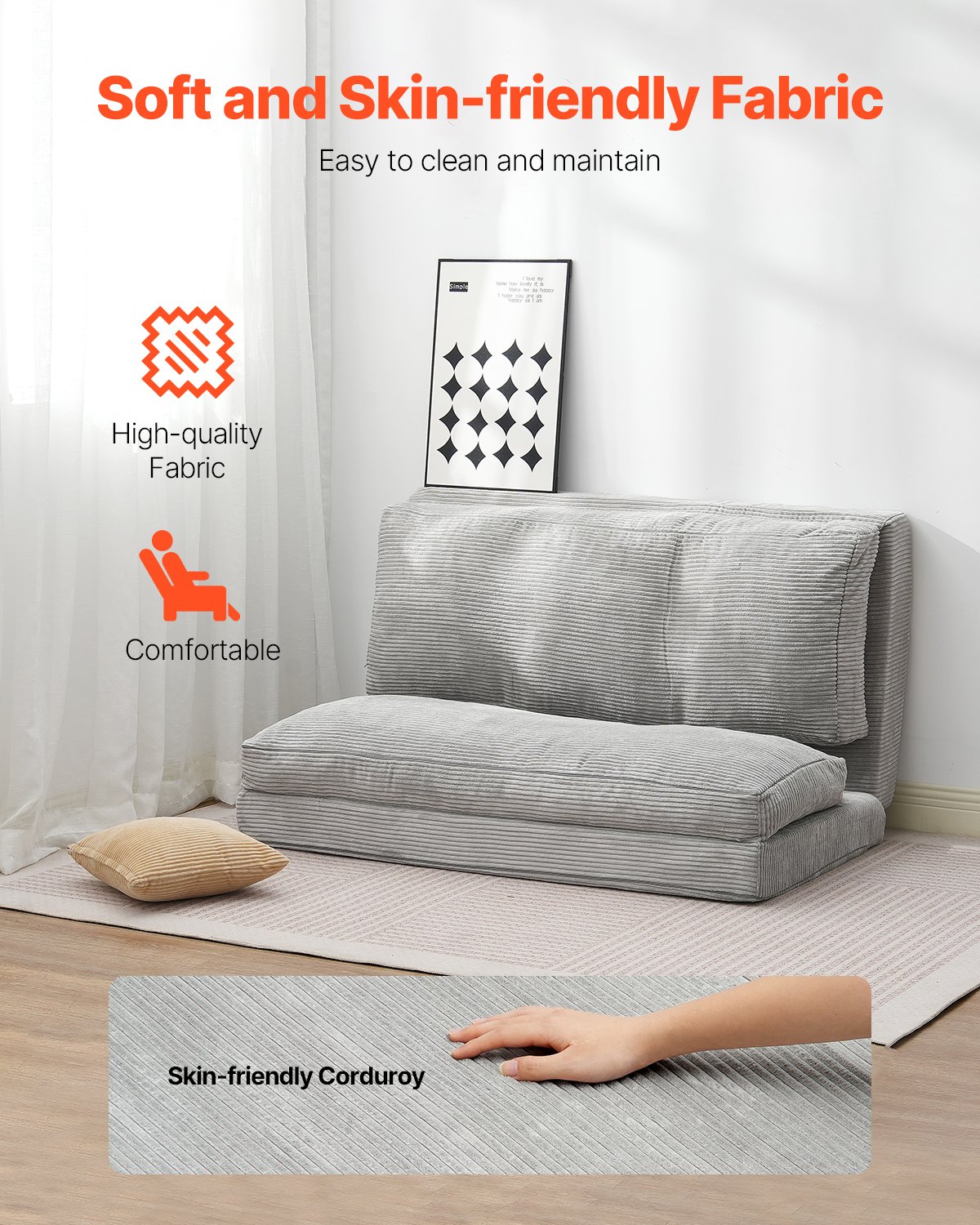 VEVOR Folding Sofa Bed, 3-in-1 Foldable Couch Bed with Washable Cover, 25D High Density Memory Foam Convertible Sleeper Chair Bed, Futon Couch for Living Room, Bedroom, Guest, Light Grey(Full)