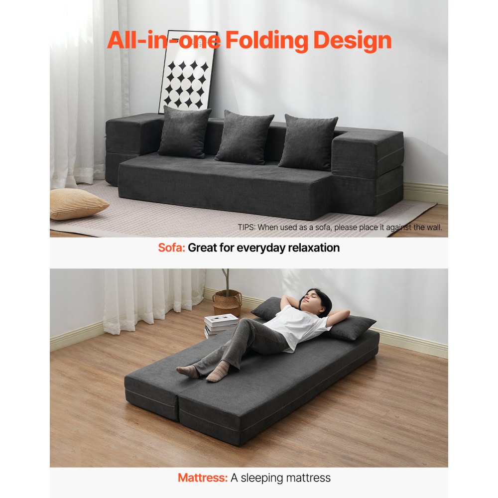 VEVOR 3-in-1 opvouwbare slaapbank met 3 kussens en wasbare hoes, omvormbare slaapbank van 25D traagschuim, bank voor woonkamer/slaapkamer, lichtgrijs (TWIN / 1030x1930x225mm)