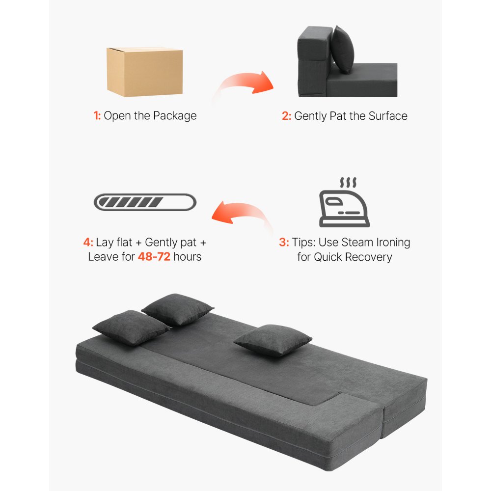 VEVOR 3-in-1 opvouwbare slaapbank met 3 kussens en wasbare hoes, omvormbare slaapbank van 25D traagschuim, bank voor woonkamer/slaapkamer, lichtgrijs (TWIN / 1030x1930x225mm)