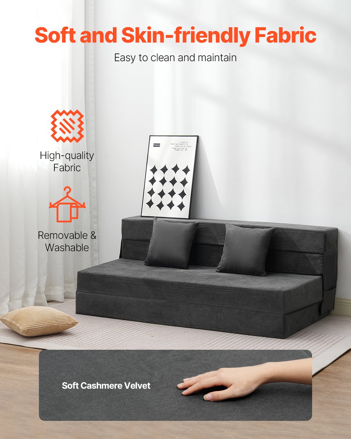 VEVOR Folding Sofa Bed, 3-in-1 Foldable Couch Bed with 2 Pillows and Washable Cover, 25D High Density Memory Foam Convertible Sleeper Chair Bed, Futon Couch for Living Room, Bedroom, Dark Grey(Queen)