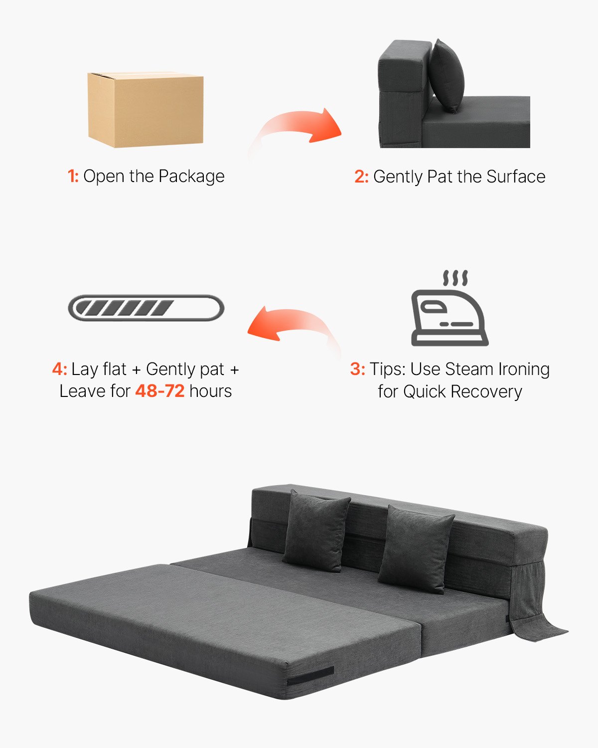 VEVOR Folding Sofa Bed, 3-in-1 Foldable Couch Bed with 2 Pillows and Washable Cover, 25D High Density Memory Foam Convertible Sleeper Chair Bed, Futon Couch for Living Room, Bedroom, Dark Grey(Queen)