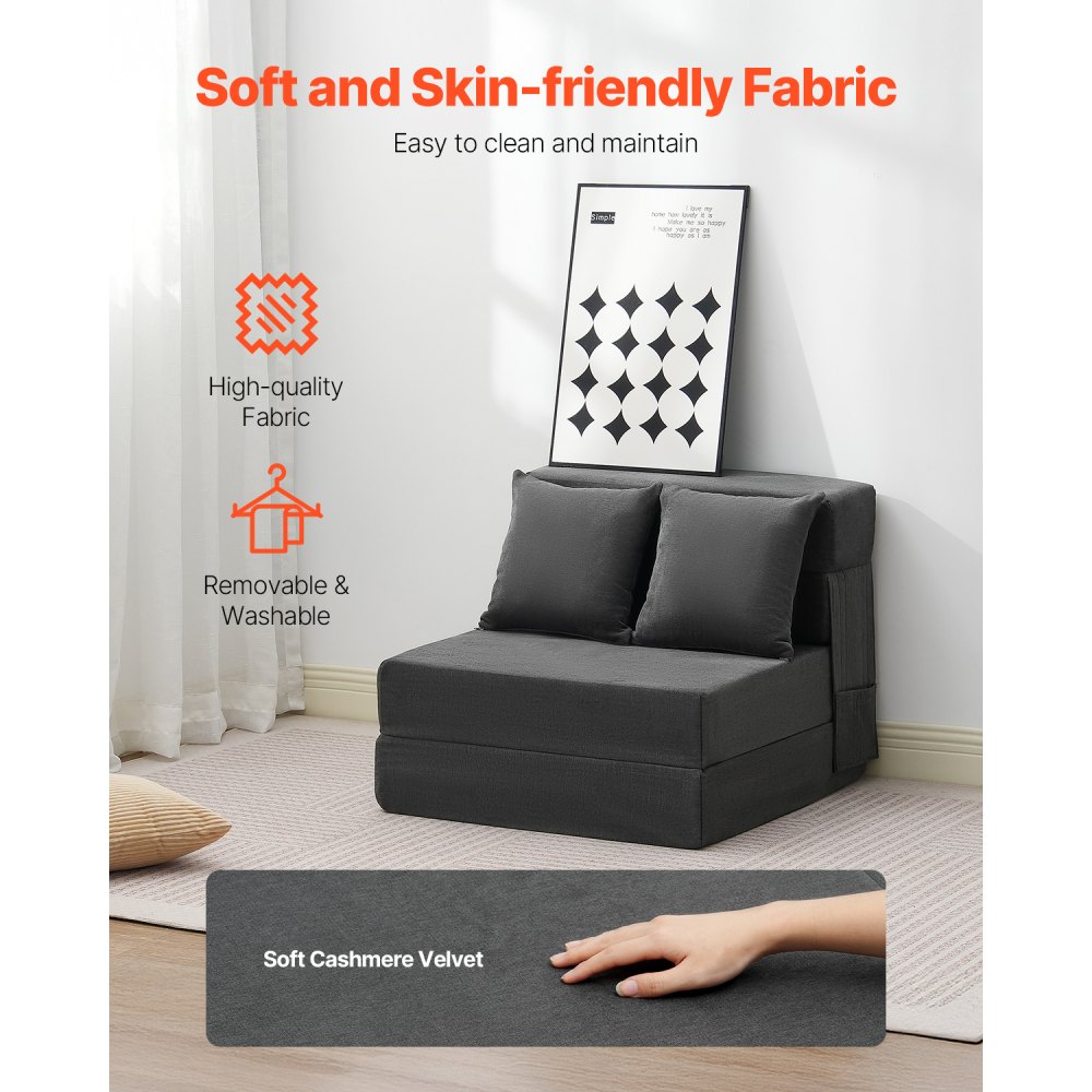 VEVOR Folding Sofa Bed, 3-in-1 Foldable Couch Bed with 2 Pillows and Washable Cover, 25D High Density Memory Foam Convertible Sleeper Chair Bed, Futon Couch for Living Room, Bedroom, Dark Grey(Single)