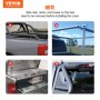 VEVOR tri-fold truck bed cover installation warning, showing side rails, racks, and boxes to be removed.