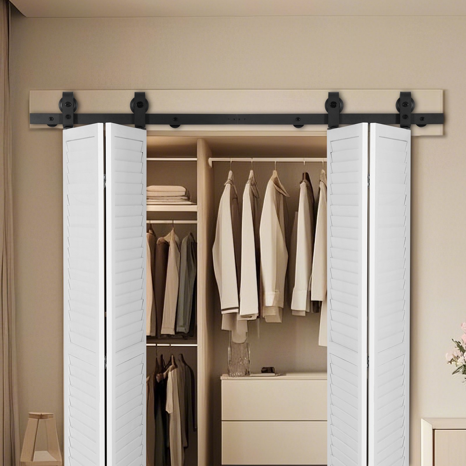 VEVOR schuifdeursysteem, vouwschuifdeuren, schuifdeurbeslag met 60-inch rails, geschikt voor vier 14-inch kast-, pantry- en wasruimtedeuren (niet inbegrepen)