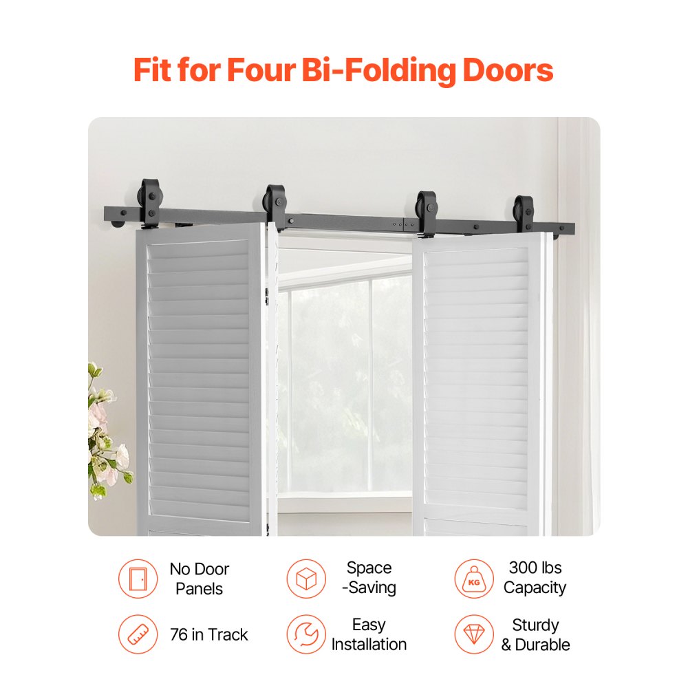 VEVOR Bi-Folding Sliding Barn Door Hardware Track Kit, 76" Top Mount Track Kit, Slide Smoothly & Quietly, Heavy Duty, Easy to Install, Suitable for Four 18" Closet Pantry Laundry Doors (Not Included)