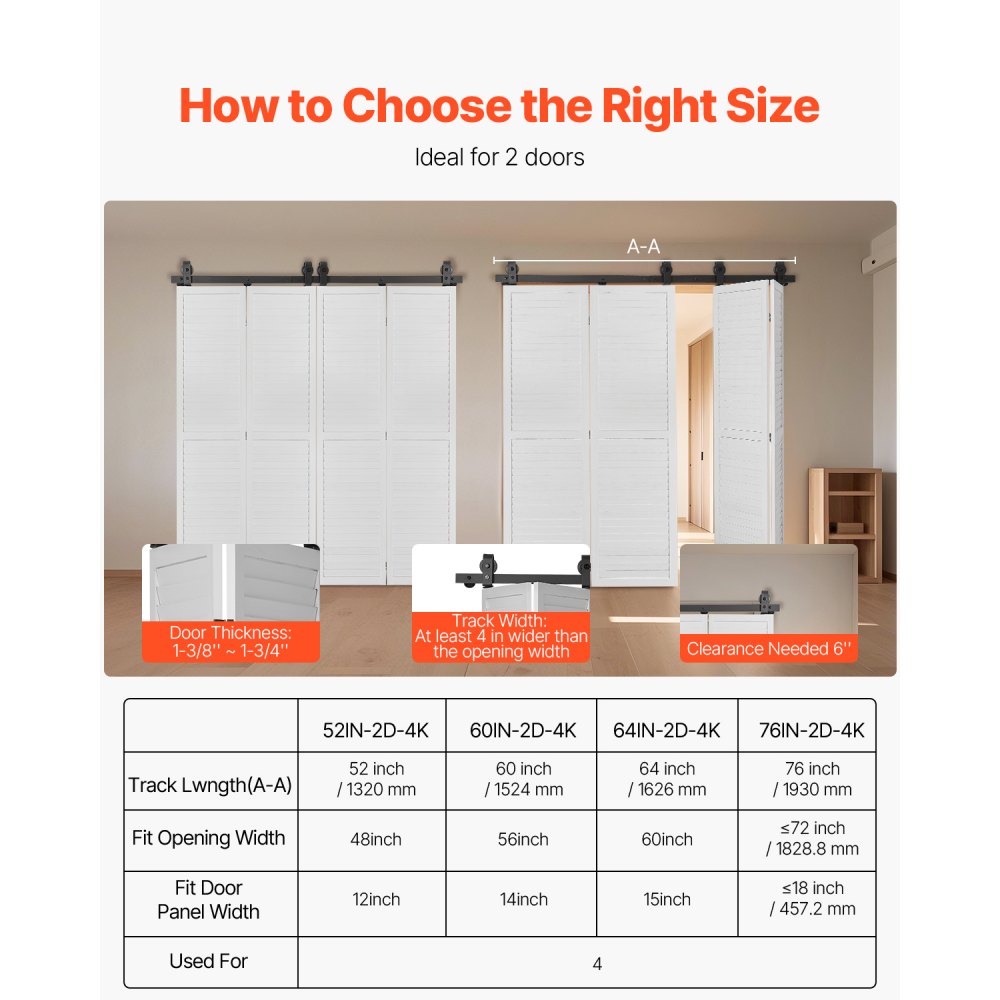 VEVOR Bi-Folding Sliding Barn Door Hardware Track Kit, 76" Top Mount Track Kit, Slide Smoothly & Quietly, Heavy Duty, Easy to Install, Suitable for Four 18" Closet Pantry Laundry Doors (Not Included)