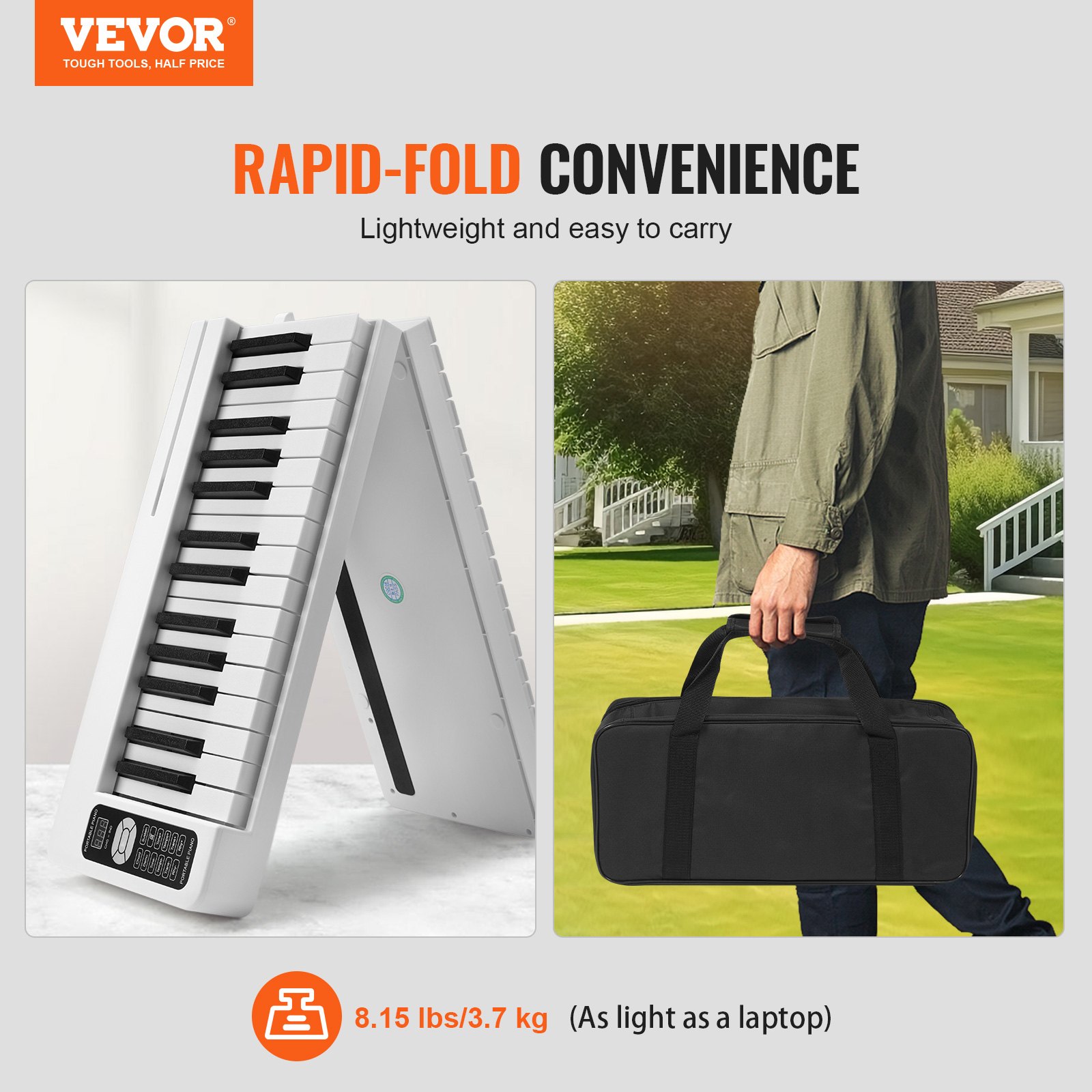 VEVOR 61-toetsen opvouwbare piano, Bluetooth en MIDI, draagbare elektronische digitale opvouwbare piano met sustainpedaal, aanslaggevoelige toetsen met achtergrondverlichting, tas, oplaadbaar voor beginners, tieners en volwassenen, wit