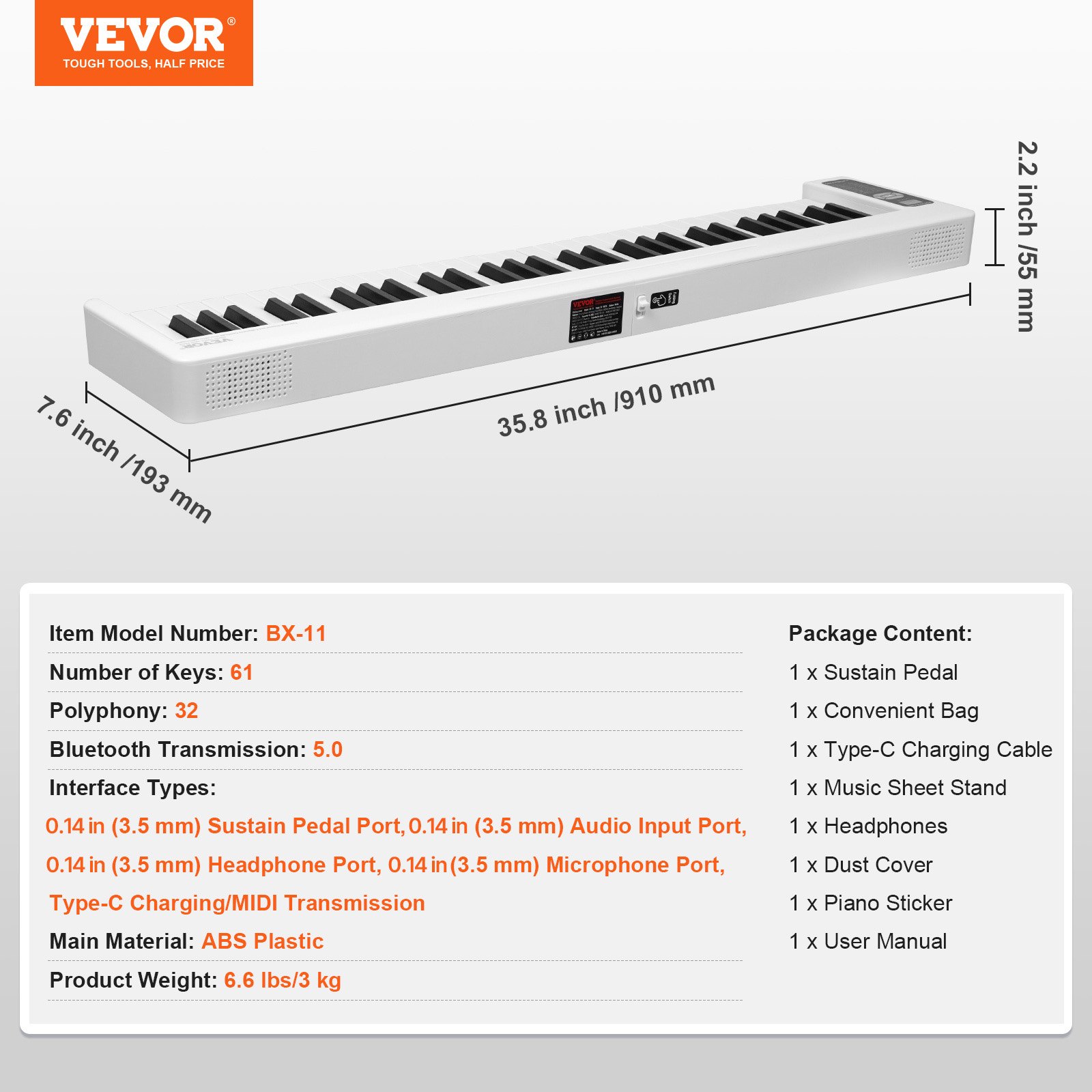VEVOR 61-toetsen opvouwbare piano, Bluetooth en MIDI, draagbare elektronische digitale opvouwbare piano met sustainpedaal, aanslaggevoelige toetsen met achtergrondverlichting, tas, oplaadbaar voor beginners, tieners en volwassenen, wit