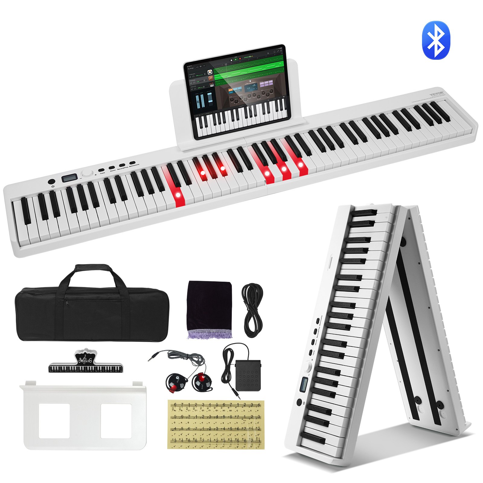 VEVOR 88 Key Folding Keyboard Piano, Bluetooth & MIDI, Portable Electronic Digital Foldable Piano with Sustain Pedal Bag Touch Sensitive Keys Headphones, Rechargeable for Beginners Teens Adults, White