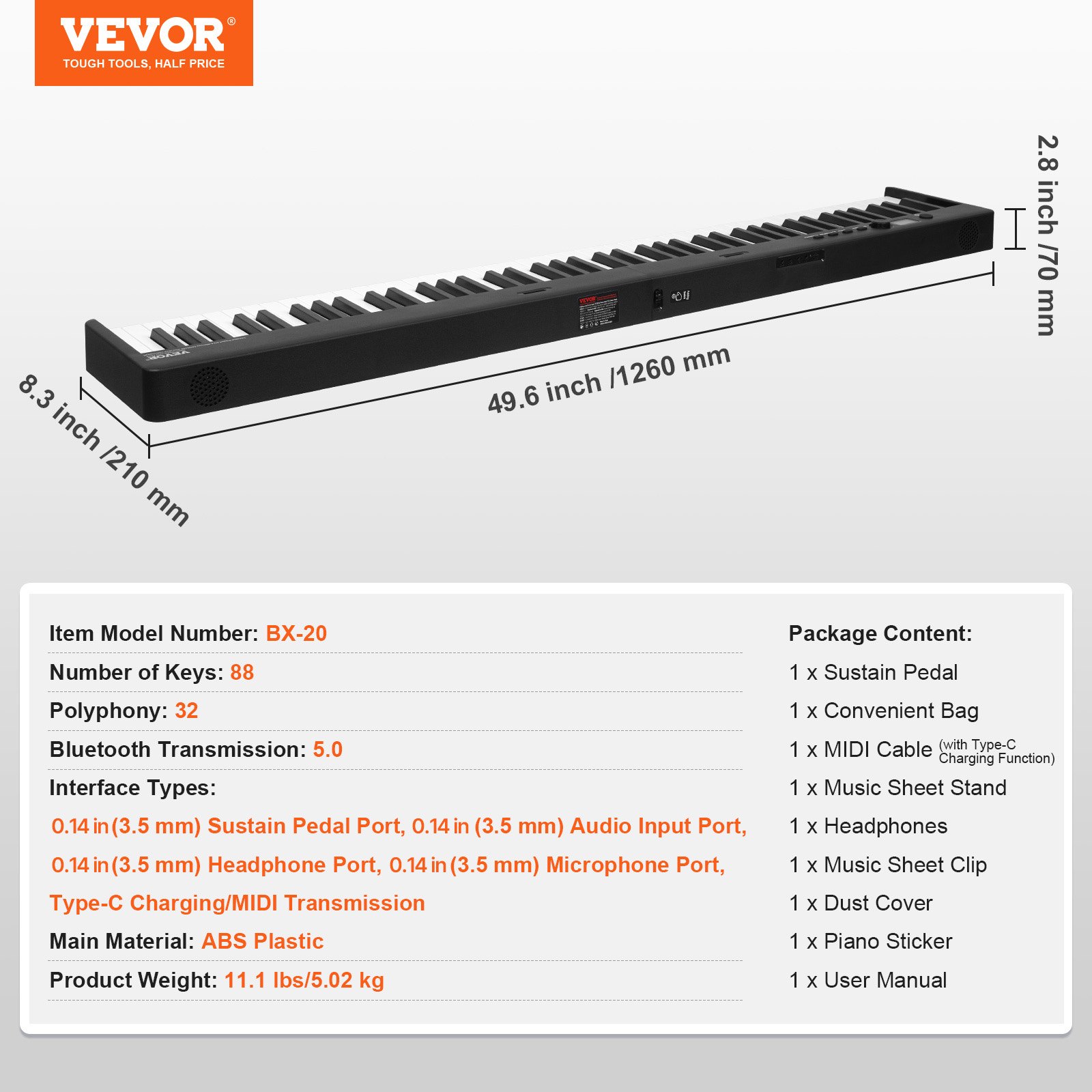 VEVOR 88-toetsen opvouwbare piano, Bluetooth en MIDI, draagbare elektronische digitale opvouwbare piano met sustainpedaal, tas, aanslaggevoelige toetsen, koptelefoon, oplaadbaar voor beginners, tieners en volwassenen, zwart