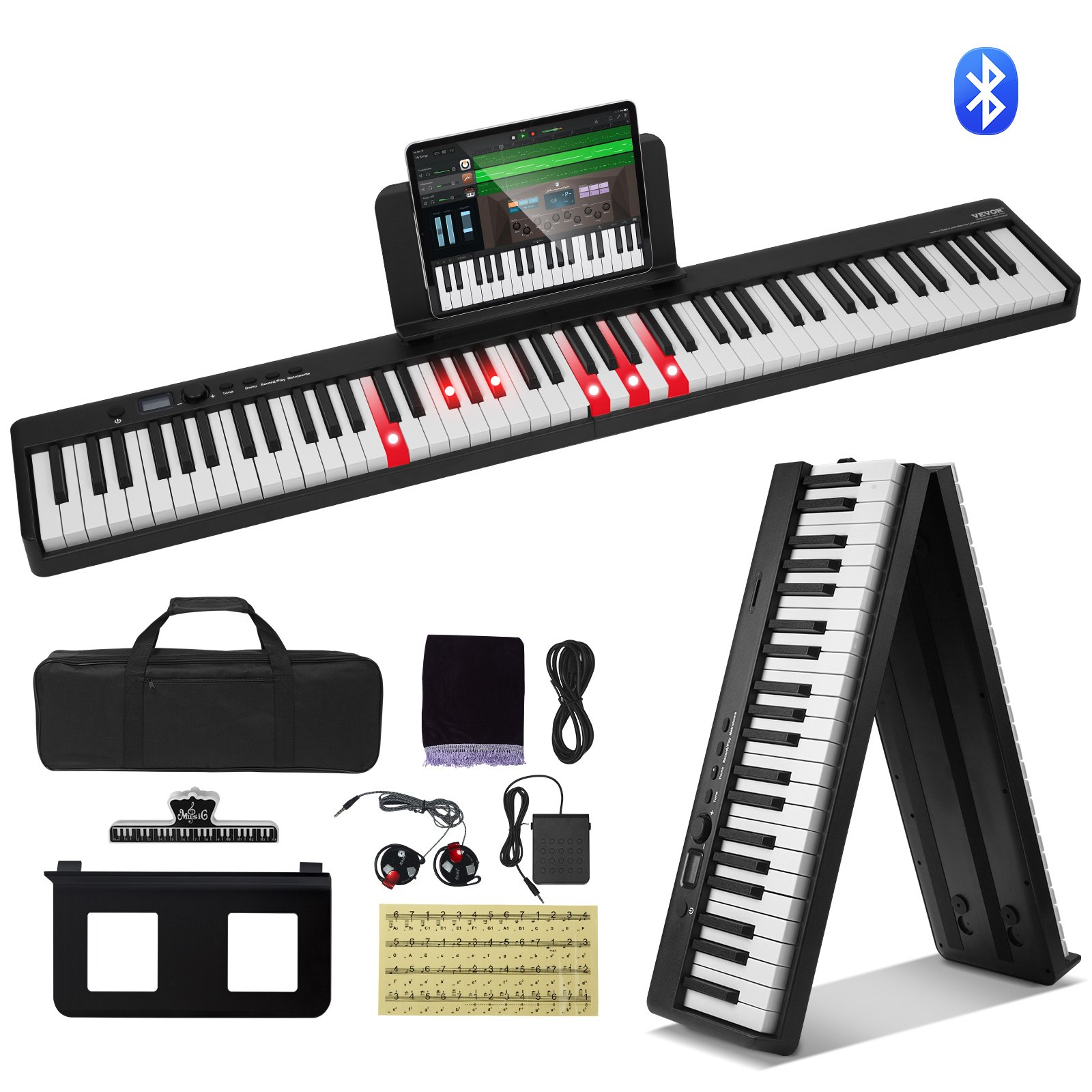 VEVOR 88-toetsen opvouwbare piano, Bluetooth en MIDI, draagbare elektronische digitale opvouwbare piano met sustainpedaal, tas, aanslaggevoelige toetsen, koptelefoon, oplaadbaar voor beginners, tieners en volwassenen, zwart