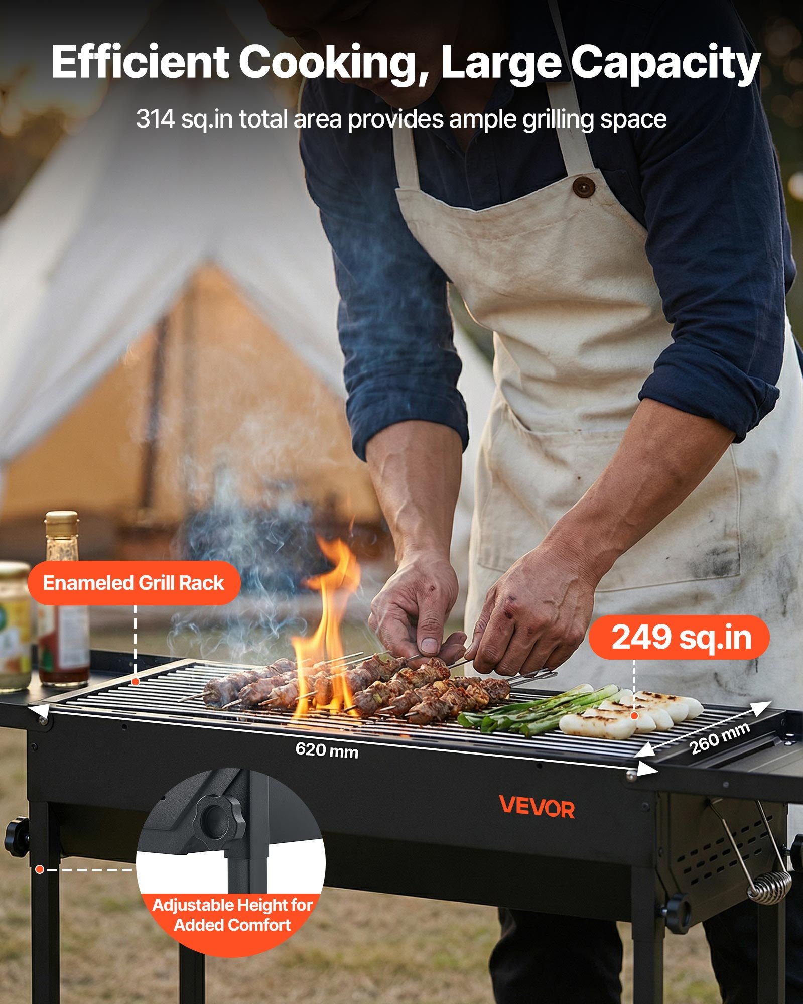 VEVOR Houtskoolgrill met verstelbare hoogte, inklapbare zijtafels en opbergtas, hittebestendige en gepoedercoate opklapbare grill, ideaal voor kamperen, tuinfeesten en andere gelegenheden.