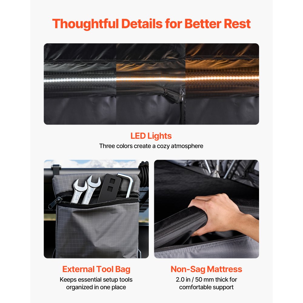 VEVOR Hard Shell Daktent voor 2-3 Personen, Opvouwbare Aluminium Kampeertent met Driekleurige LED-verlichting, Dik Matras en 10 Ramen, Waterdicht en Winddicht, voor Jeep, SUV en Pick-up