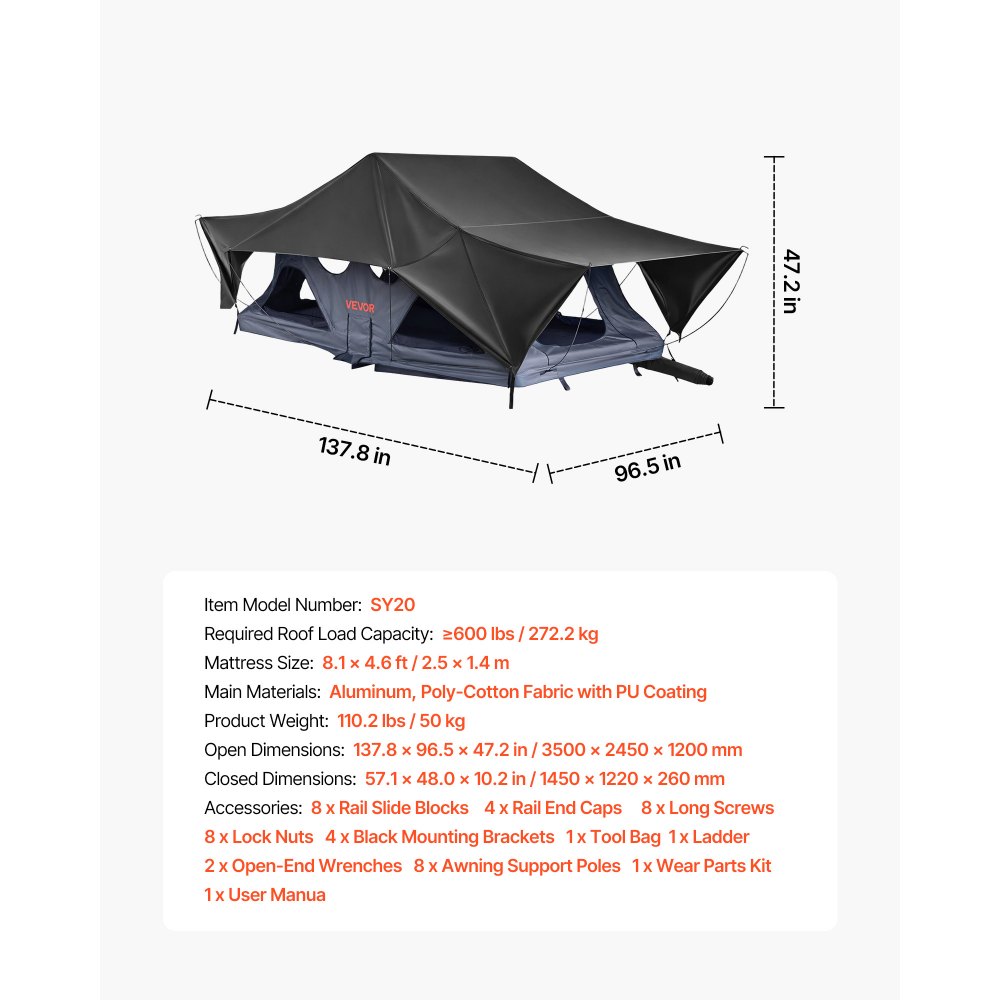 VEVOR Hard Shell Daktent voor 2-3 Personen, Opvouwbare Aluminium Kampeertent met Driekleurige LED-verlichting, Dik Matras en 10 Ramen, Waterdicht en Winddicht, voor Jeep, SUV en Pick-up