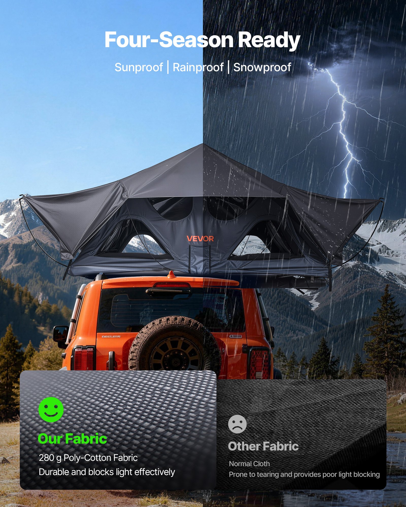VEVOR Hard Shell Daktent voor 2-3 Personen, Opvouwbare Aluminium Kampeertent met Driekleurige LED-verlichting, Dik Matras en 10 Ramen, Waterdicht en Winddicht, voor Jeep, SUV en Pick-up