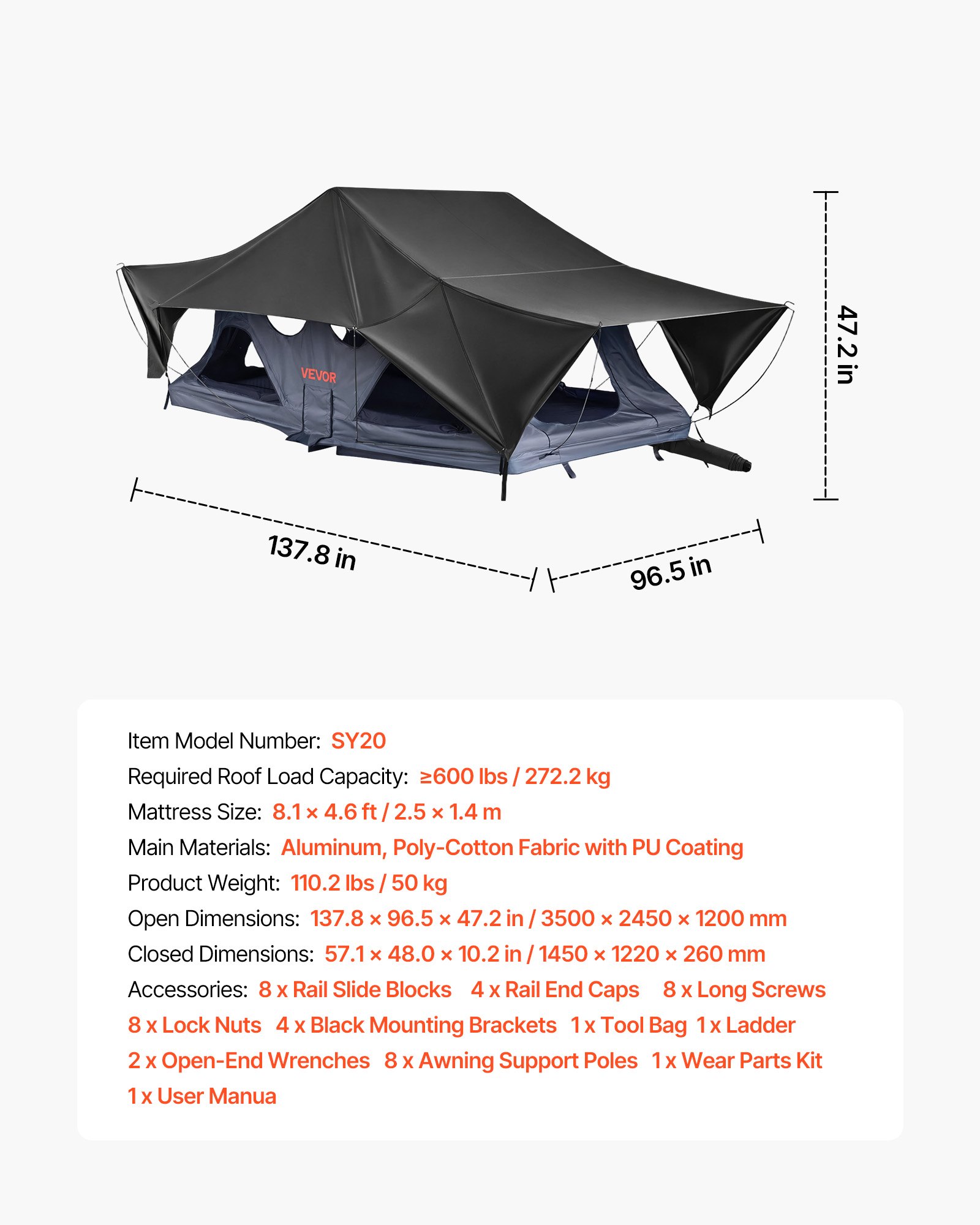 VEVOR Hard Shell Daktent voor 2-3 Personen, Opvouwbare Aluminium Kampeertent met Driekleurige LED-verlichting, Dik Matras en 10 Ramen, Waterdicht en Winddicht, voor Jeep, SUV en Pick-up