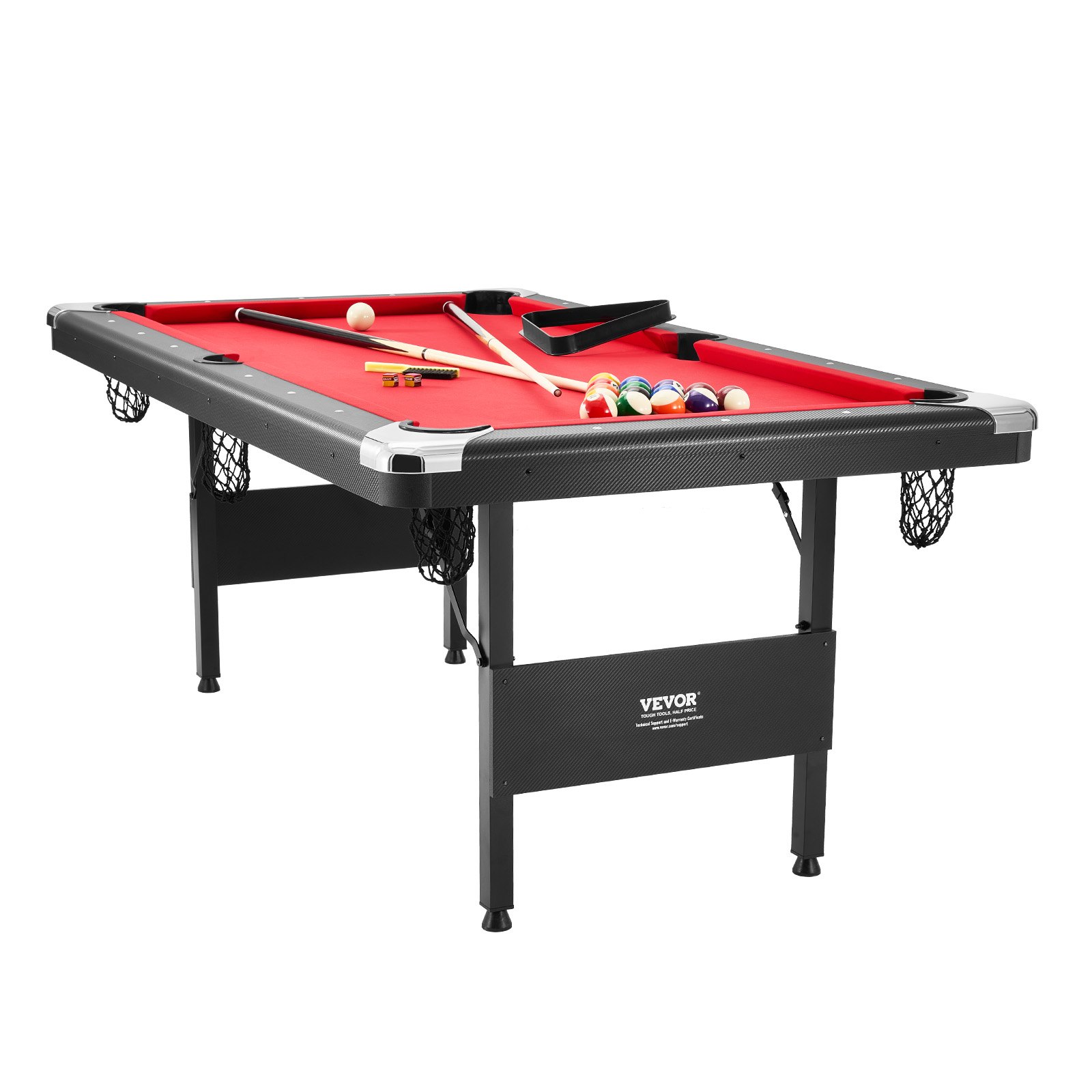 VEVOR Pooltafel, 1,9 m, draagbaar en opvouwbaar, pooltafelset inclusief ballen, keu en krijt, zwart met rood laken, perfect voor speelkamers, kinderen en volwassenen.