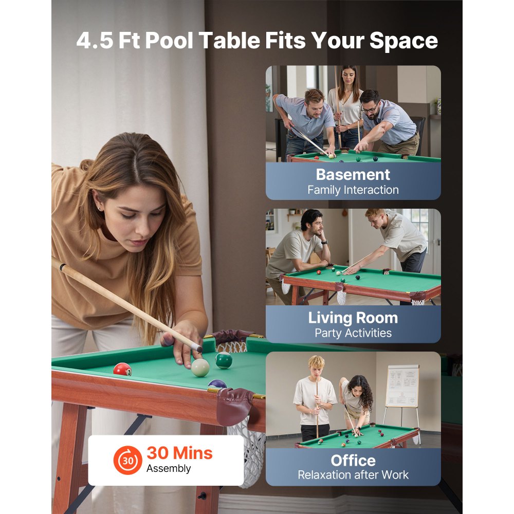 VEVOR Folding Pool Table, 140cm Portable Billiards Tables, Foldable Space-Saving Entertainment Game Set Includes Ball, Cue, Rack, Chalk, Brush, Brown with Bule Cloth, for Family Use, Recreation Room