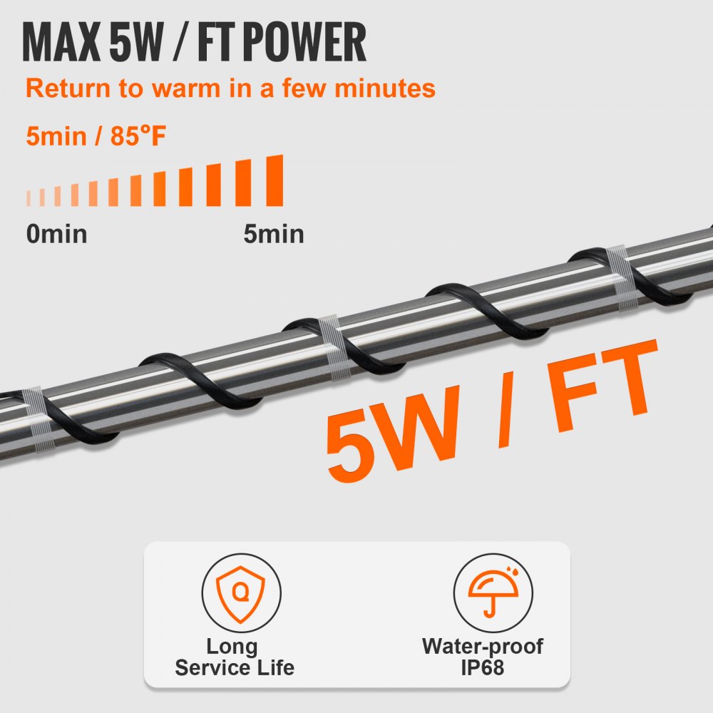 VEVOR zelfregulerende buisverwarmingskabel, 3,7 m, 16,4 W/m, vorstbeveiliging voor verwarmingskabels, waterleidingverwarmingskabel met ingebouwde thermostaat beschermt PVC-slangen, metalen en kunststofbuizen tegen bevriezing