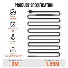 VEVOR zelfregelende verwarmingsbuiskabel 9m 16/26W/m verwarmingskabel vorstbescherming IP68