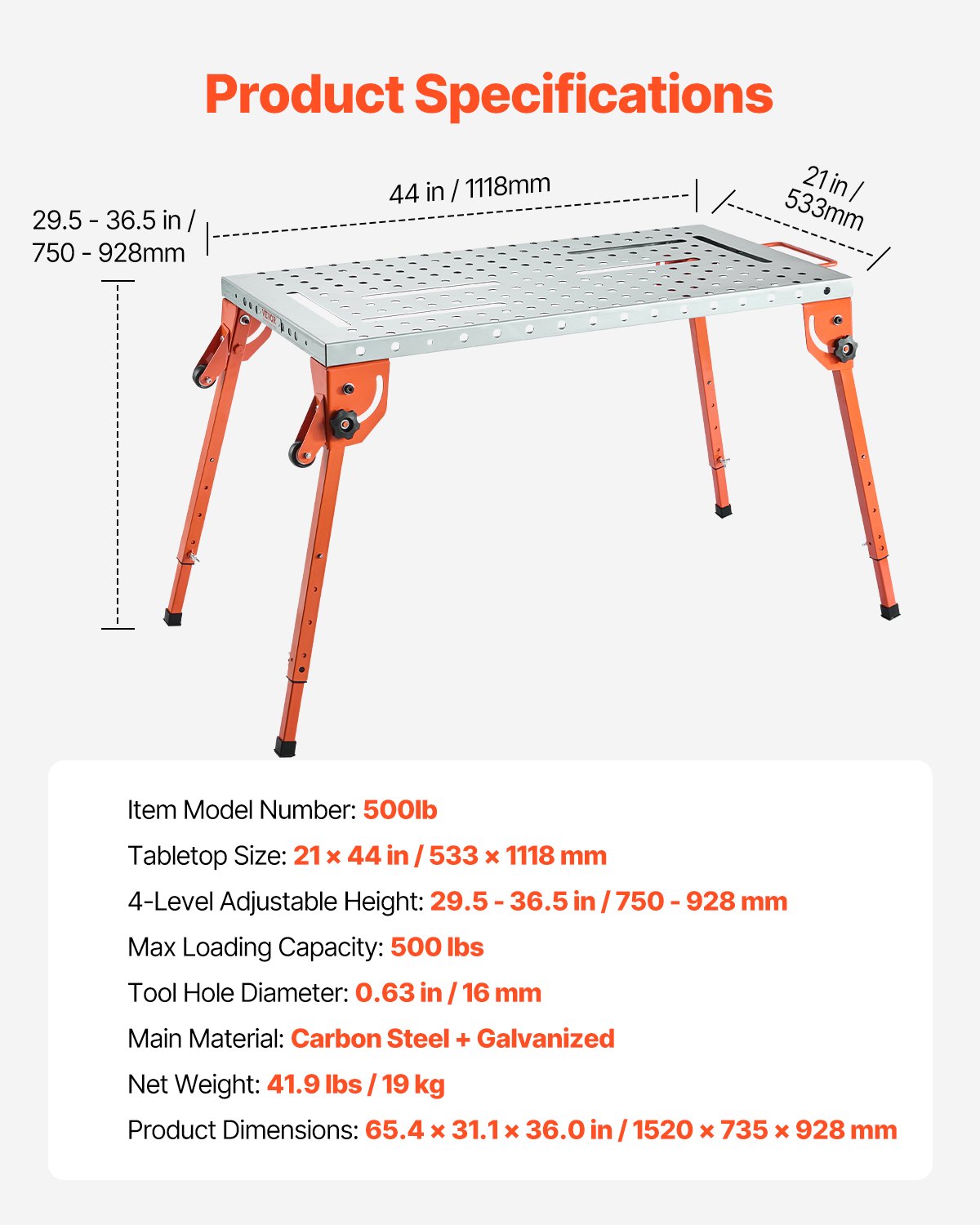 VEVOR Opvouwbare lastafel 533x1118mm, draagvermogen 226 kg, werktafel met 4-traps hoogteverstelling, werkbank met 6 gereedschapssleuven en 16 mm bevestigingsgaten voor het repareren van gelaste constructies