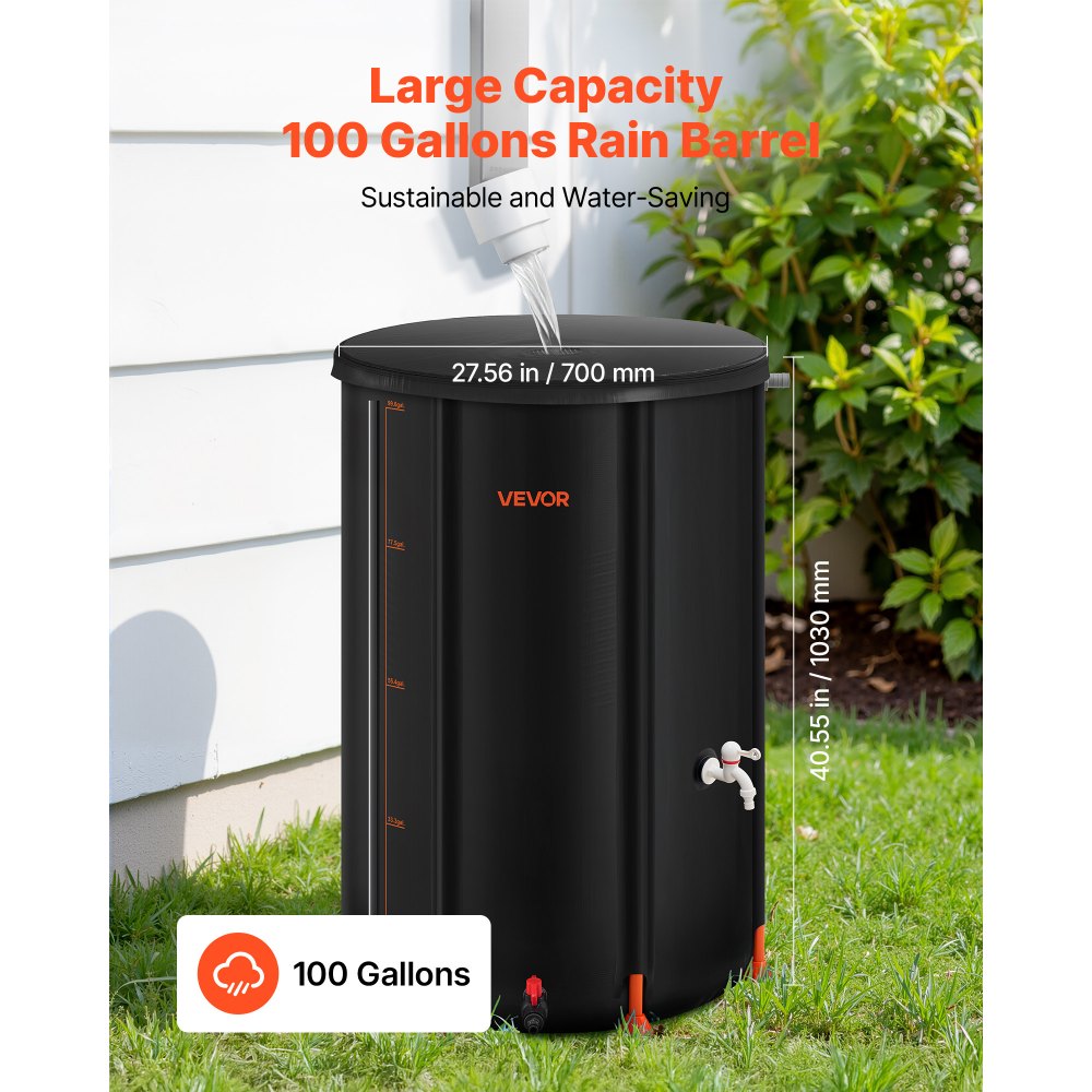 VEVOR Opvouwbare Regenton, 380 L Draagbare Regenwatertank, Regenwateropvangsysteem, 1000D PVC Regenwateropvangsysteem, Watertank, Regenton met Kraan en Overloopset, Zwart
