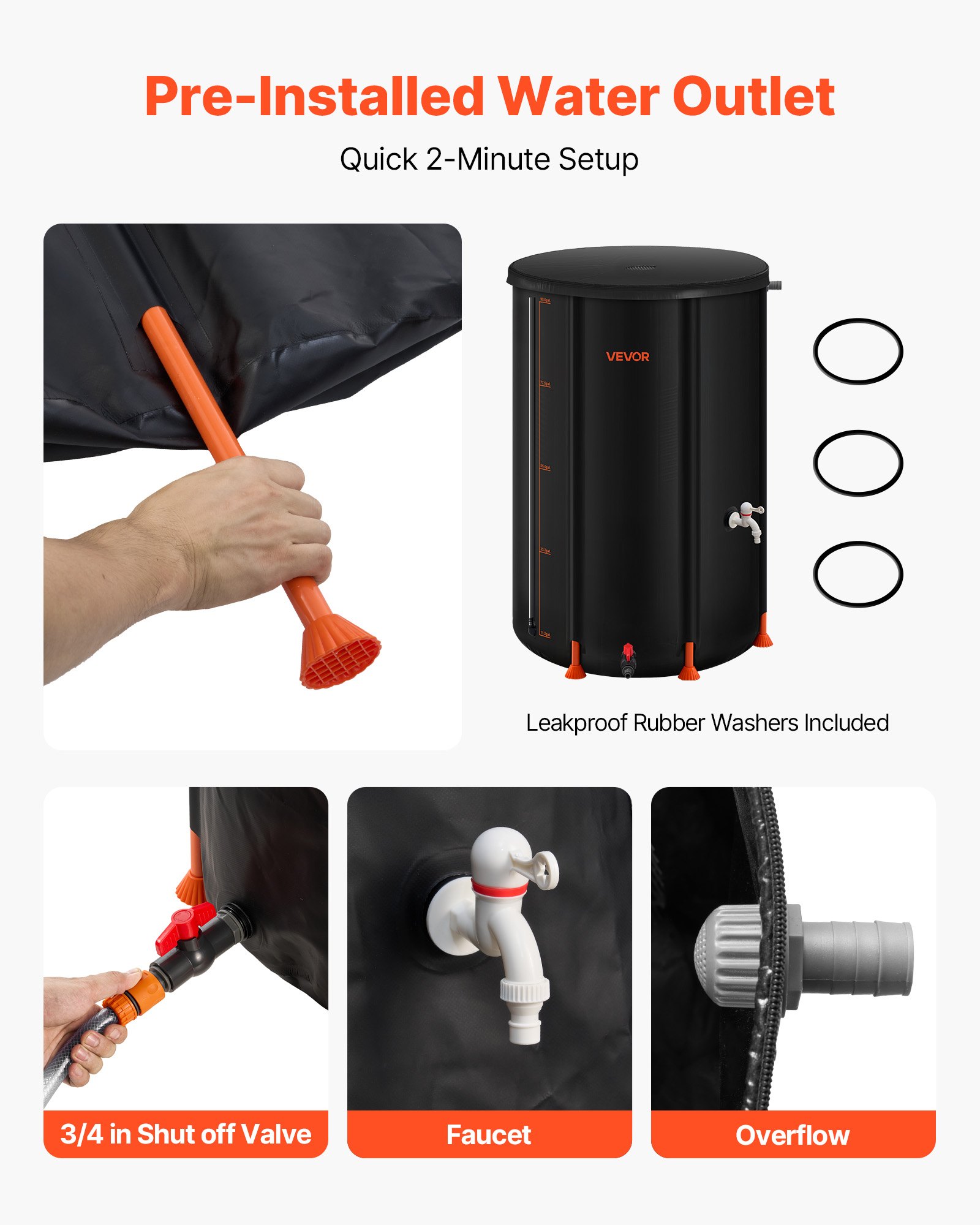 VEVOR Opvouwbare regenton, 380 L draagbare regenton, regenwatertank, 1000D PVC regenwateropvangsysteem, watertank, regenwaterton met kraan en overloopset, zwart