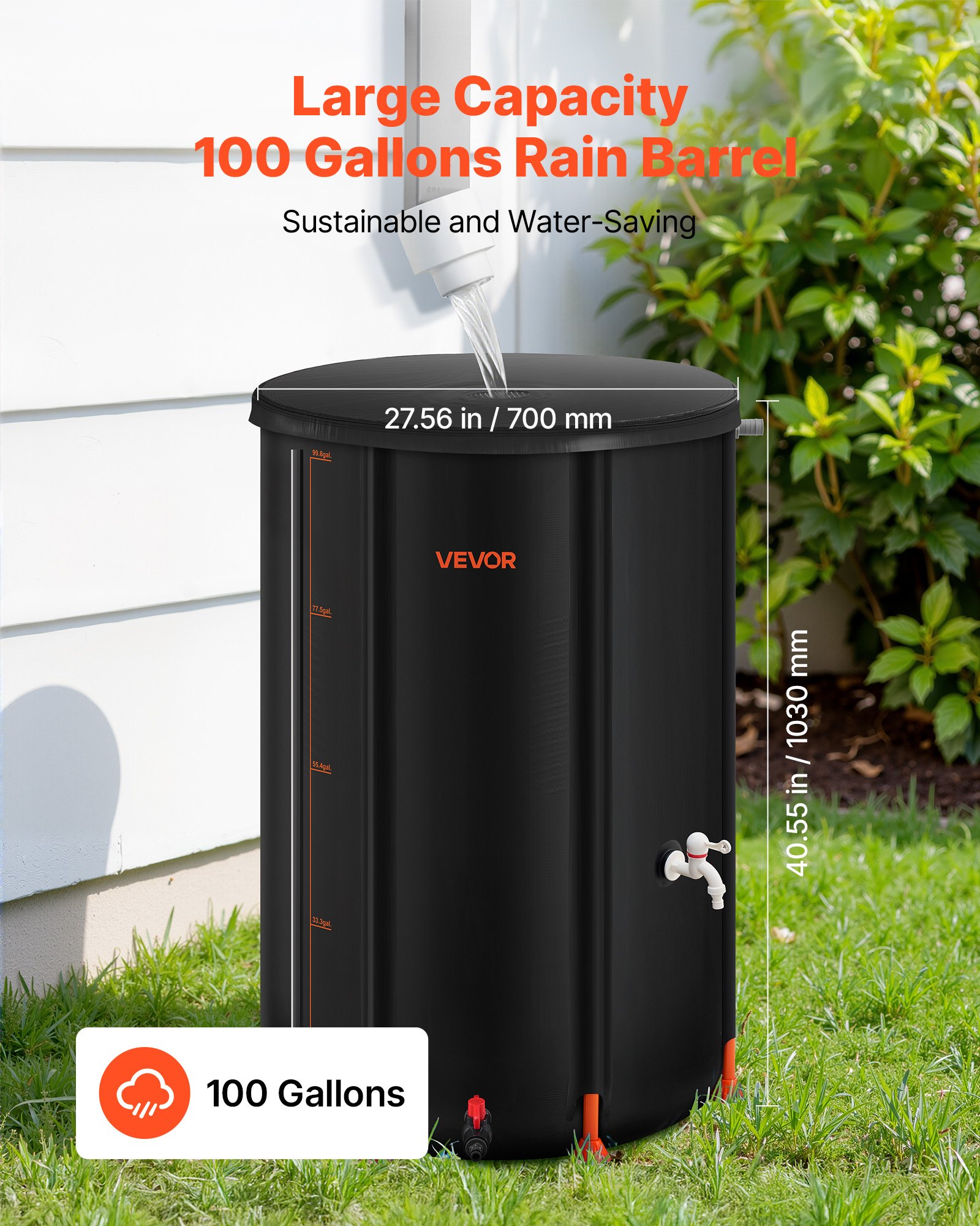 VEVOR Collapsible Rain Barrel, 380 L Portable Rain Water Collection Barrel, 1000D PVC Rainwater Collection System, Garden Water Catcher Tank Storage Container with Spigot & Overflow Kit, Black