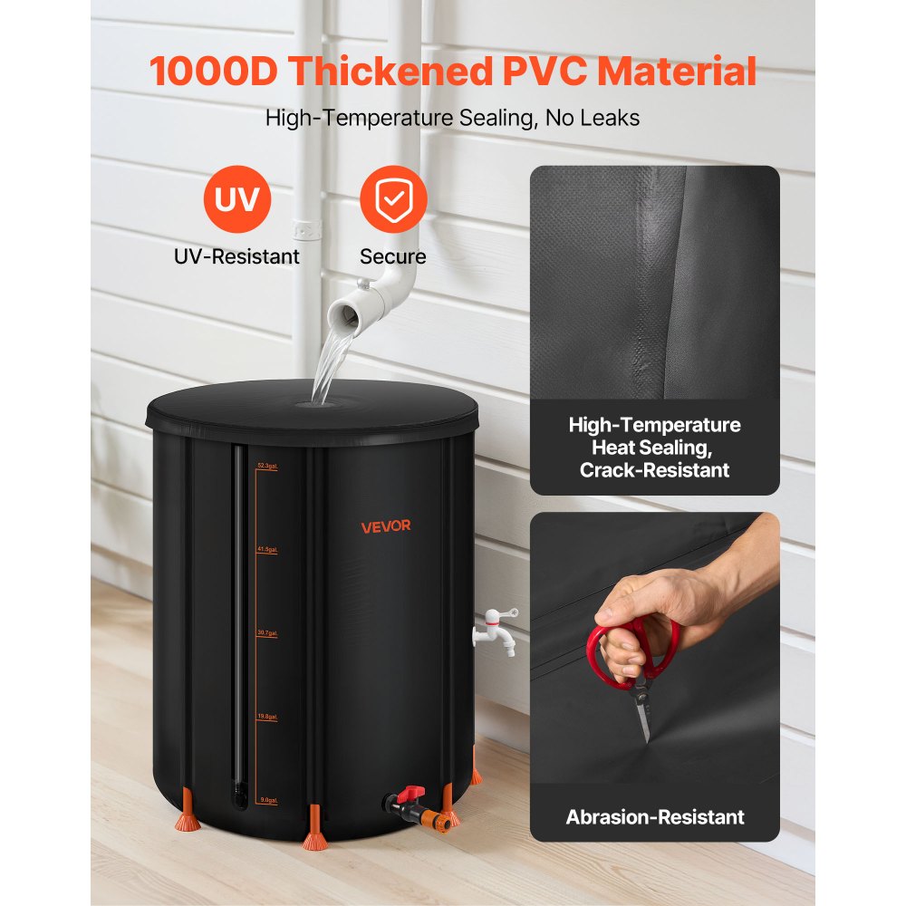 VEVOR Collapsible Rain Barrel, 201 L Portable Rain Water Collection Barrel, 1000D PVC Rainwater Collection System, Garden Water Catcher Tank Storage Container with Spigot & Overflow Kit, Black