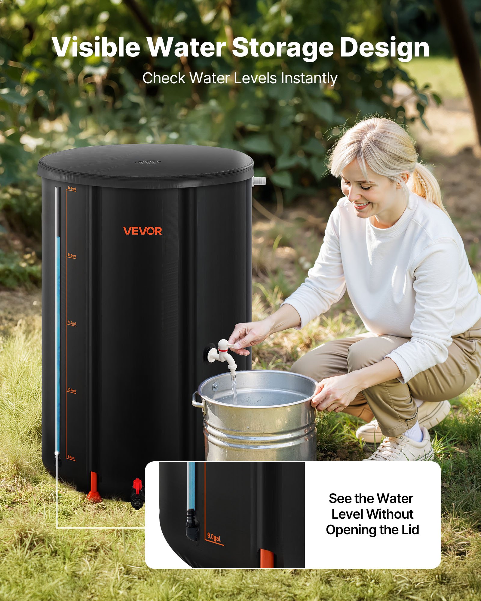 VEVOR Opvouwbare regenton, 250 liter, draagbare regenton, regenwatertank, 500D PVC regenwateropvangsysteem, watertank, regenwaterton met kraan en overloopset, zwart