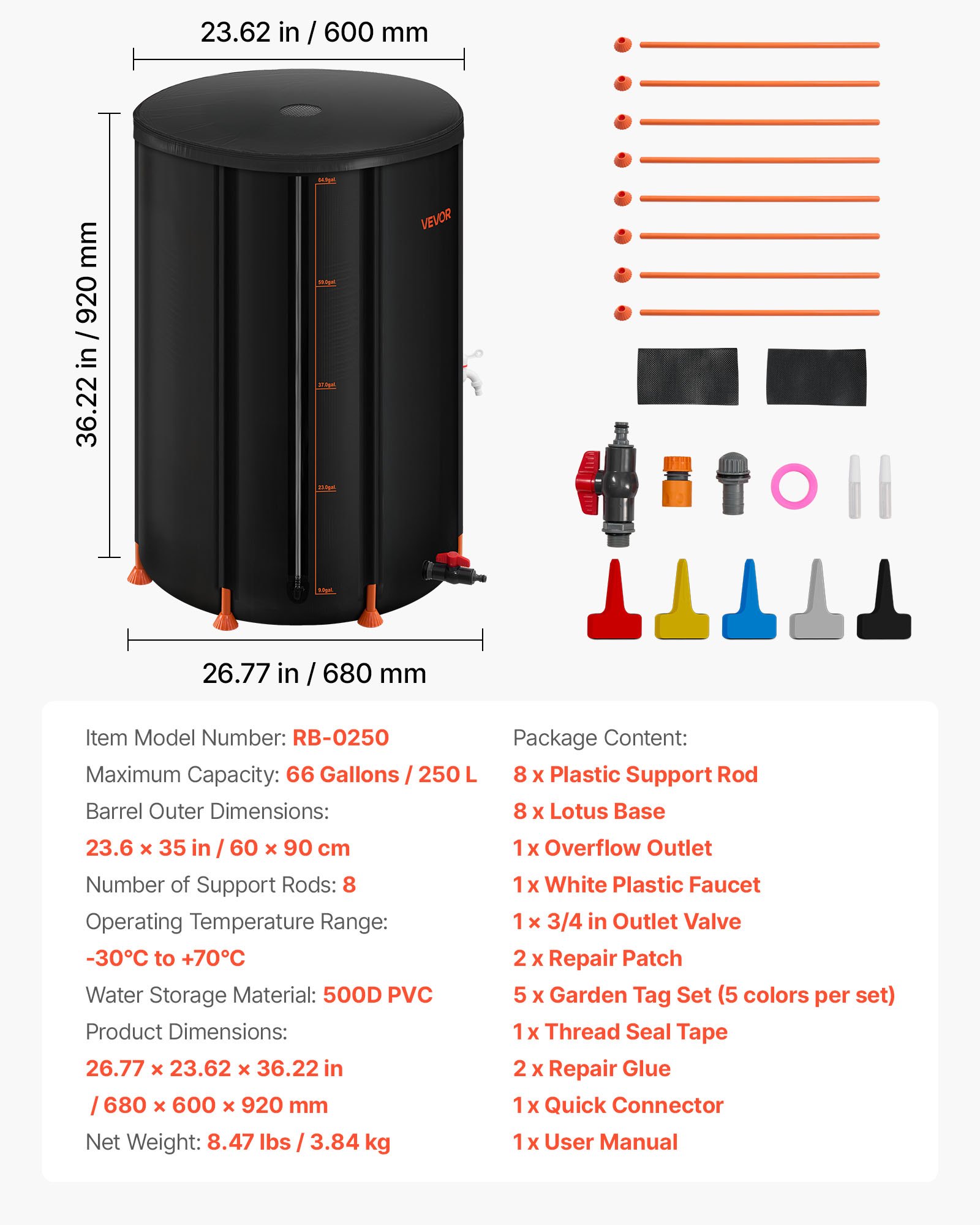 VEVOR Opvouwbare regenton, 250 liter, draagbare regenton, regenwatertank, 500D PVC regenwateropvangsysteem, watertank, regenwaterton met kraan en overloopset, zwart