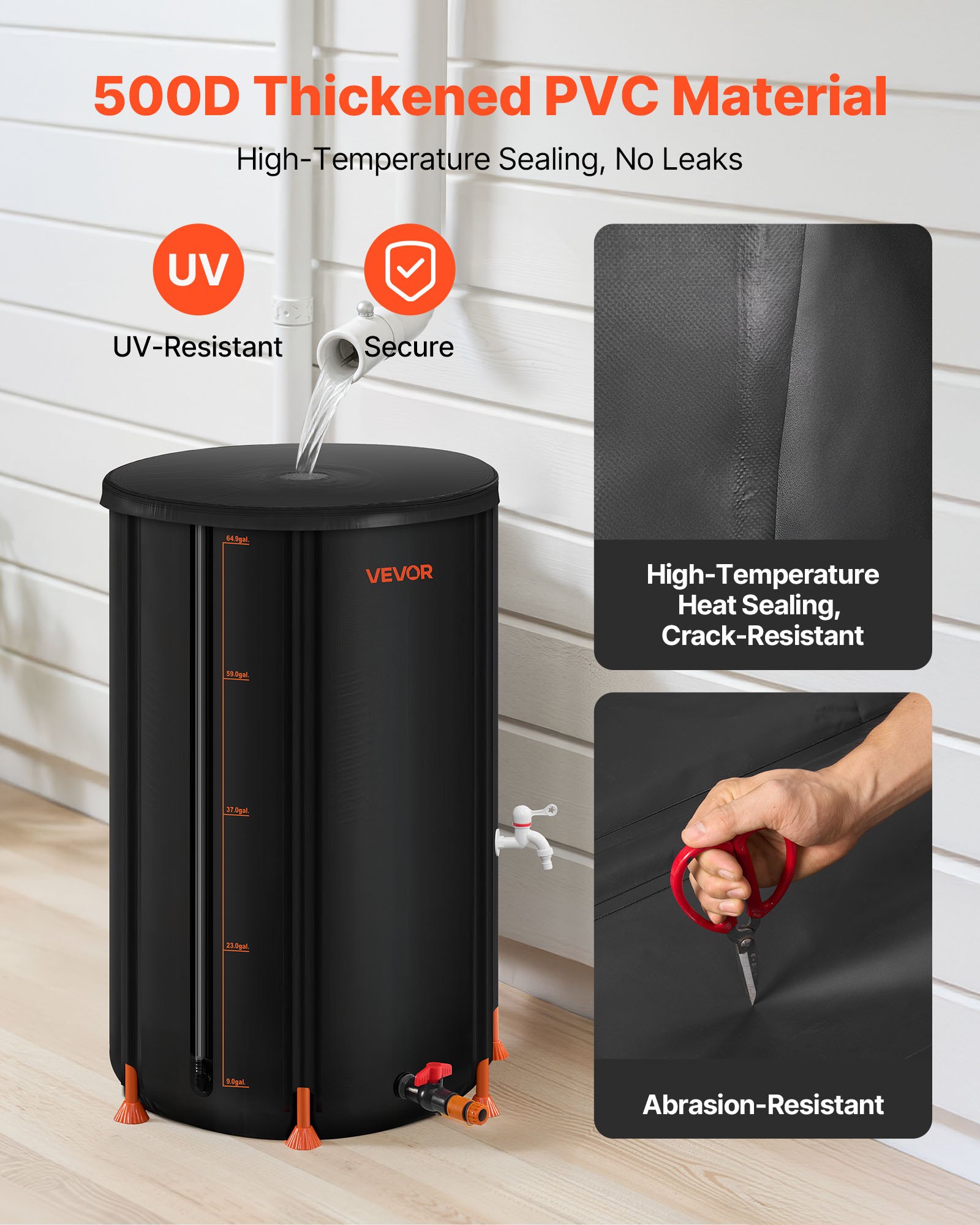 VEVOR Opvouwbare Regenton, Draagbare Regenwatertank van 250 liter, Regenwateropvangsysteem van 500D PVC, Watertank, Regenton met Kraan en Overloopset, Zwart
