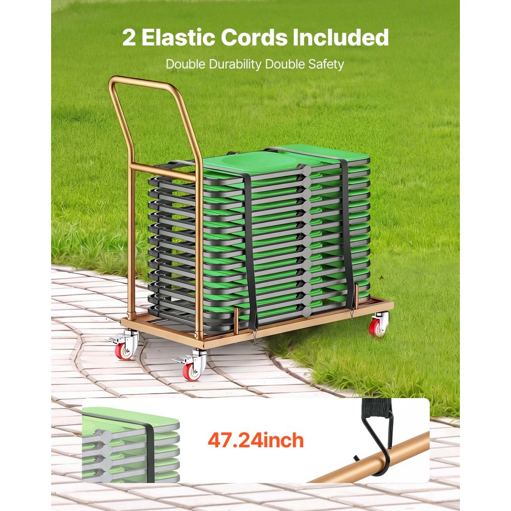 VEVOR opklapbare stoeltrolley voor 25 stoelen, horizontale stoelstandaard, 136 kg, L-vormig, stoelwagen voor opslag en transport bij evenementen, koolstofstaal, zwenkwielen met remmen, met handvat, goudbruin