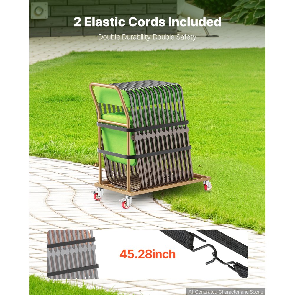 VEVOR opklapbare stoeltrolley voor 25 stoelen, verticale stoelstandaard, draagvermogen 136 kg, L-vormig, stoeltrolley voor opslag en transport op evenementen, koolstofstaal, zwenkwielen met remmen, met handvat, goudbruin