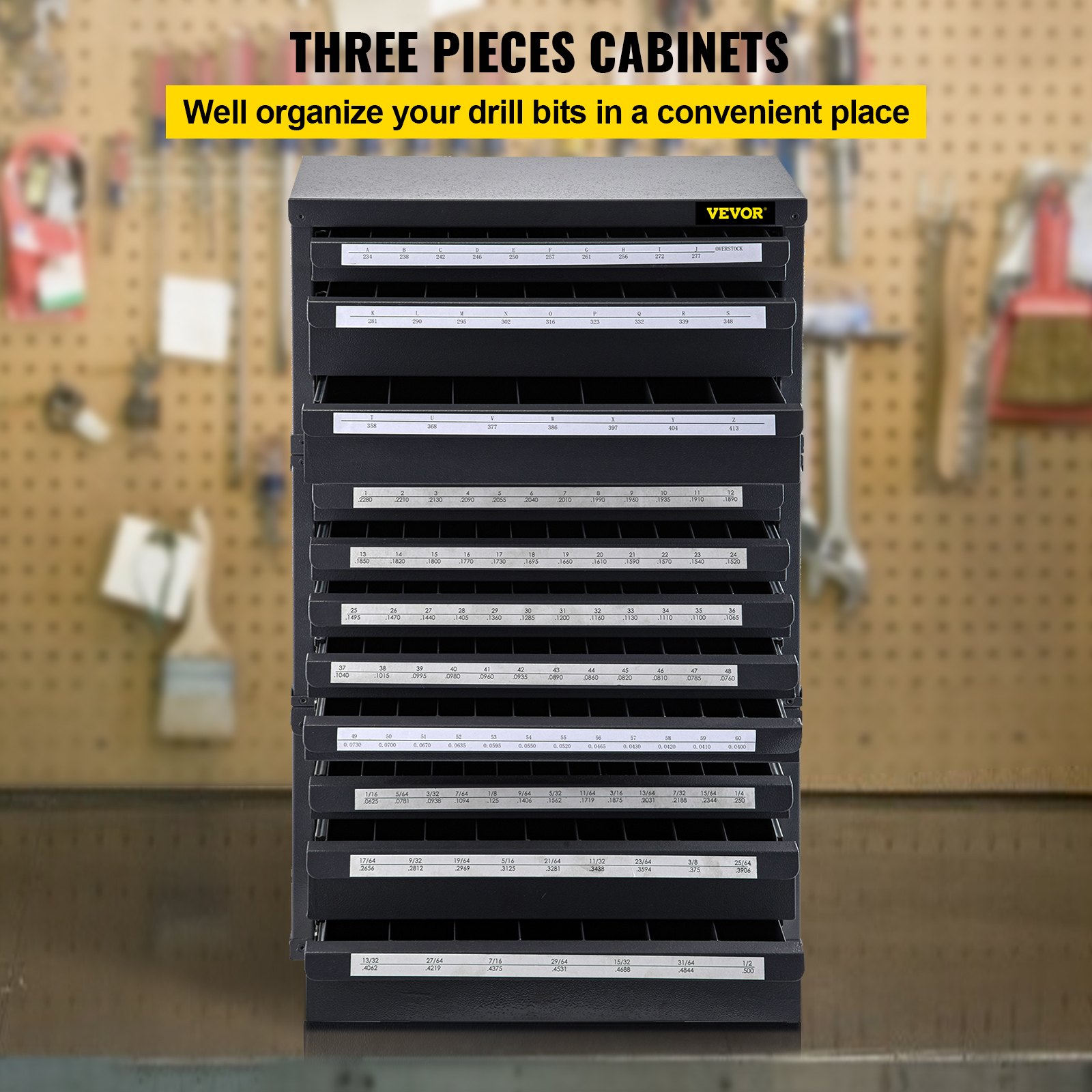 VEVOR Drill Bit Dispenser Cabinet, Three-Drawer Drill Bit Dispenser for 1/16" to 1/2" & Letter Sizes A to Z,  Five-Drawer Drill Bit Organizer for Wire Gauge Sizes #1 to #60, 3 Pieces Drill Cabinet Set
