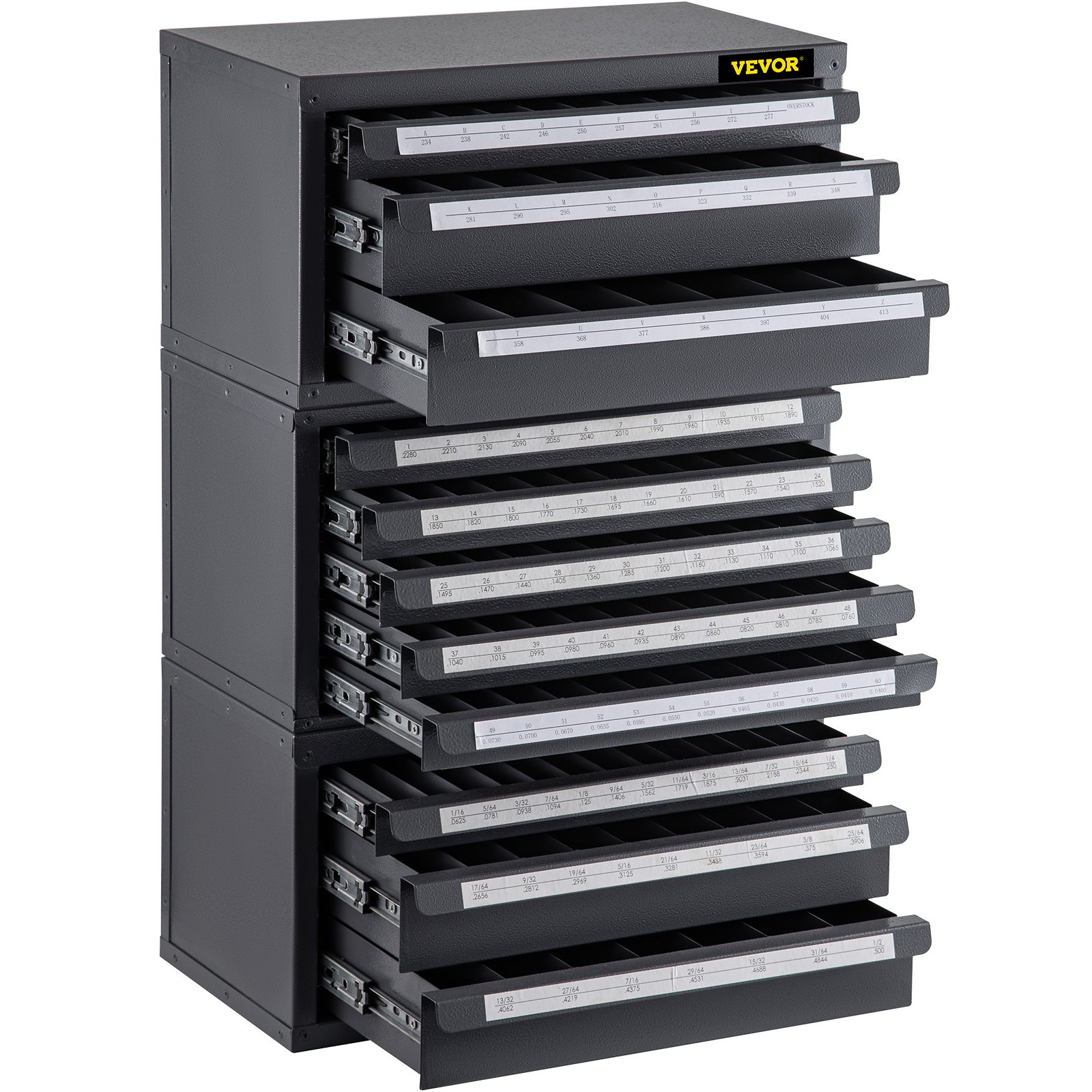 VEVOR Drill Bit Dispenser Cabinet, Three-Drawer Drill Bit Dispenser for 1/16" to 1/2" & Letter Sizes A to Z,  Five-Drawer Drill Bit Organizer for Wire Gauge Sizes #1 to #60, 3 Pieces Drill Cabinet Set