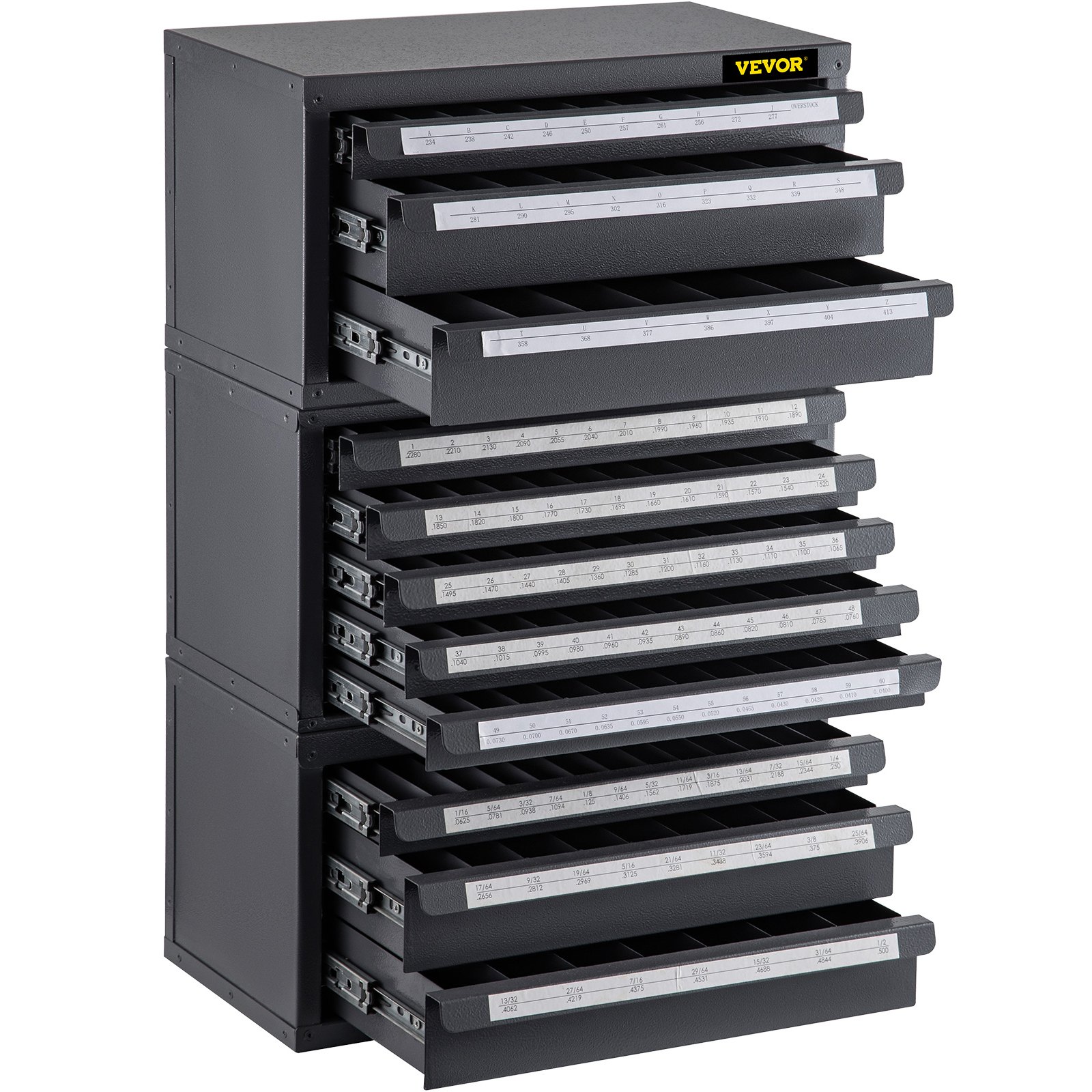 VEVOR Drill Bit Dispenser Cabinet, Three-Drawer Drill Bit Dispenser for 1/16" to 1/2" & Letter Sizes A to Z,  Five-Drawer Drill Bit Organizer for Wire Gauge Sizes #1 to #60, 3 Pieces Drill Cabinet Set