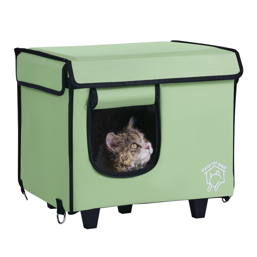 VEVOR Verhoogd Verwarmd Kattenhuis, Kubusvormig Kattenhuis met Instelbare Temperatuur en Timer, Opvouwbaar Kattenhuis van 900D Oxford-stof met Verwarmd Kussen voor de Winter om het Warm en Gezellig te Houden, Groen (Klein)