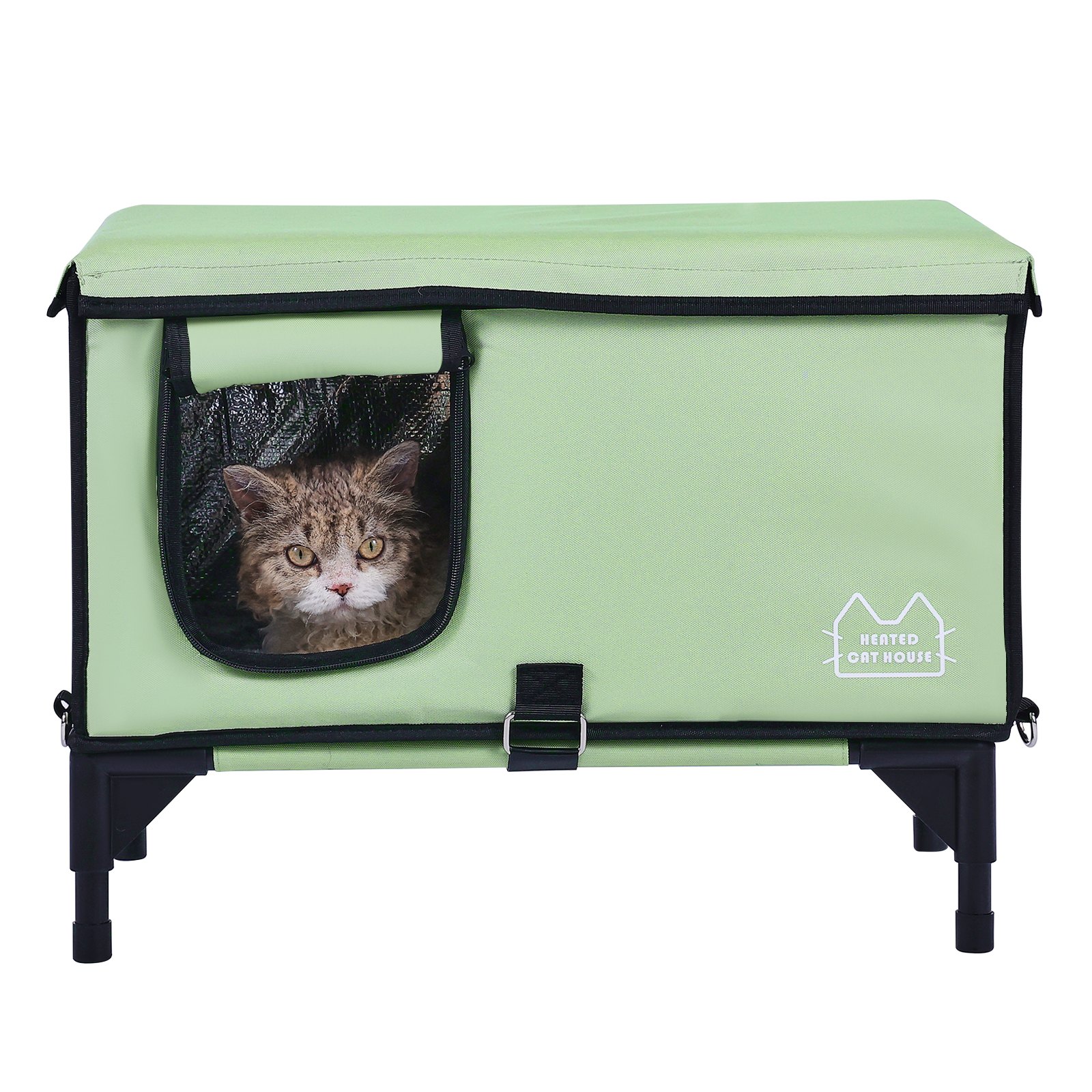 VEVOR Verhoogd Verwarmd Kattenhuis, Kubusvormig Kattenhuis met Instelbare Temperatuur en Timer, Opvouwbaar Kattenhuis van 900D Oxford Stof met Verwarmd Kussen voor de Winter om het Warm en Gezellig te Houden, Groen (Groot)