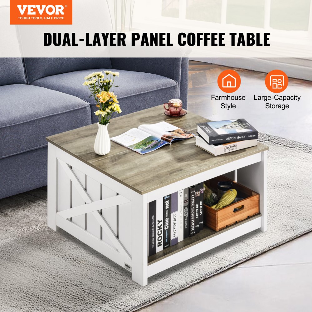 VEVOR 31.5" Farmhouse Coffee Table, Square Coffee Table with Open Storage Compartment, Wooden Rustic Cocktail Table for Living Room, Bedroom, Apartment, Studio, Gray & White