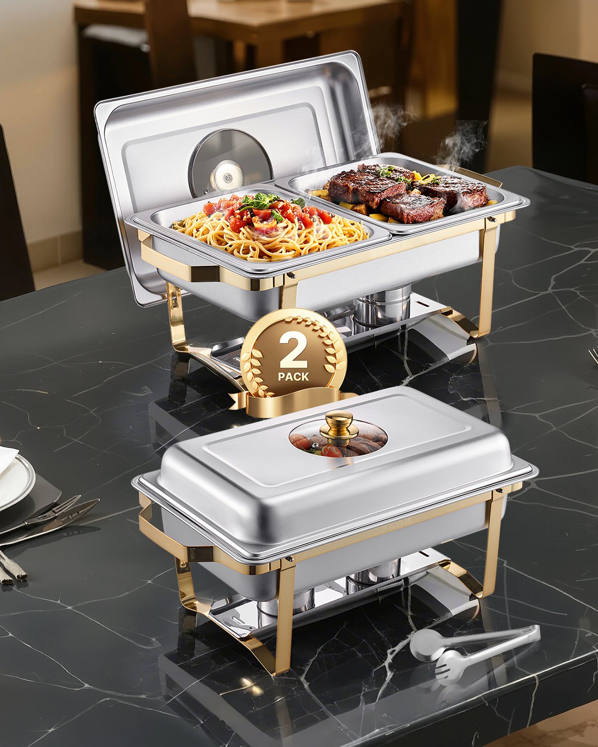 VEVOR Chafing Dish Set RVS Voedselwarmer met 4 Half-Size Bakjes (elk 4 L), Rechthoekige Warmtedispenser met Zichtbaar Deksel & Waterpanstandaard & Brandstofhouder, voor Feesten