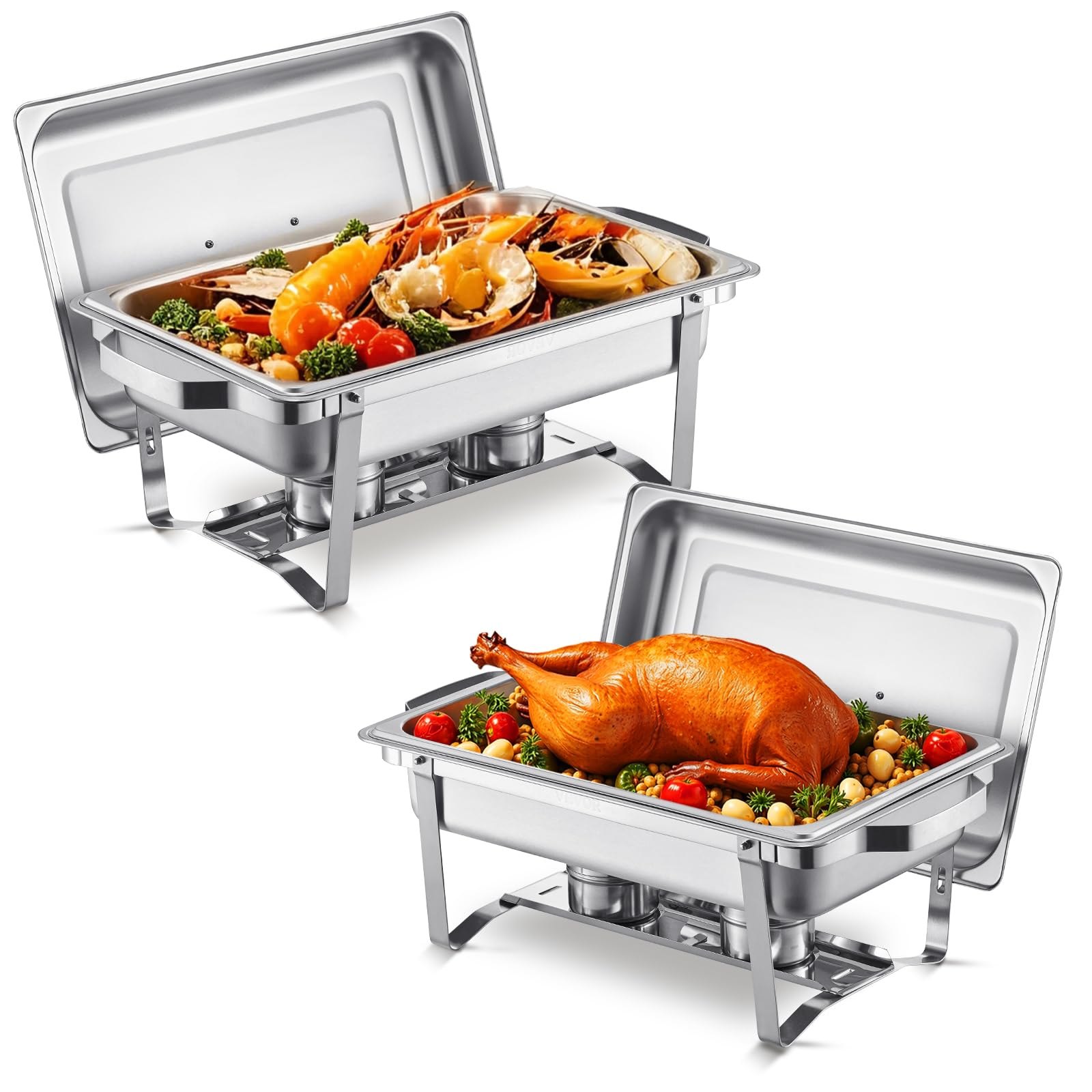 VEVOR Chafing Dish Buffet Food Warmer (7,5 L), 2-pack met 2 grote pannen, rechthoekige cateringwarmtedispenser met deksel en brandstofhouder, voor bruiloften, feesten en banketten, zilver