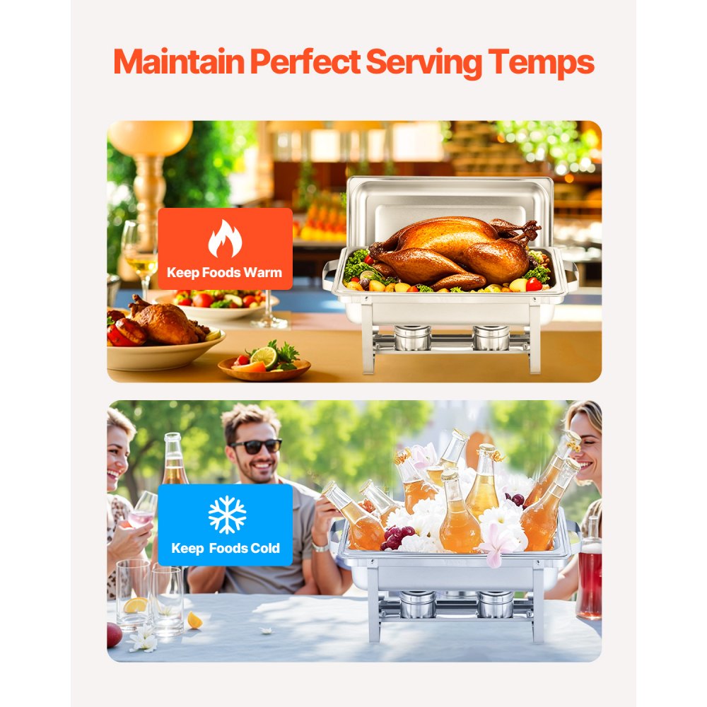 VEVOR Chafing Dish Buffetset 4-delige roestvrijstalen voedselwarmer met 4 grote pannen (7,5 L), rechthoekige cateringwarmtedispenser met deksel, waterpanstandaard en brandstofhouder Buffet