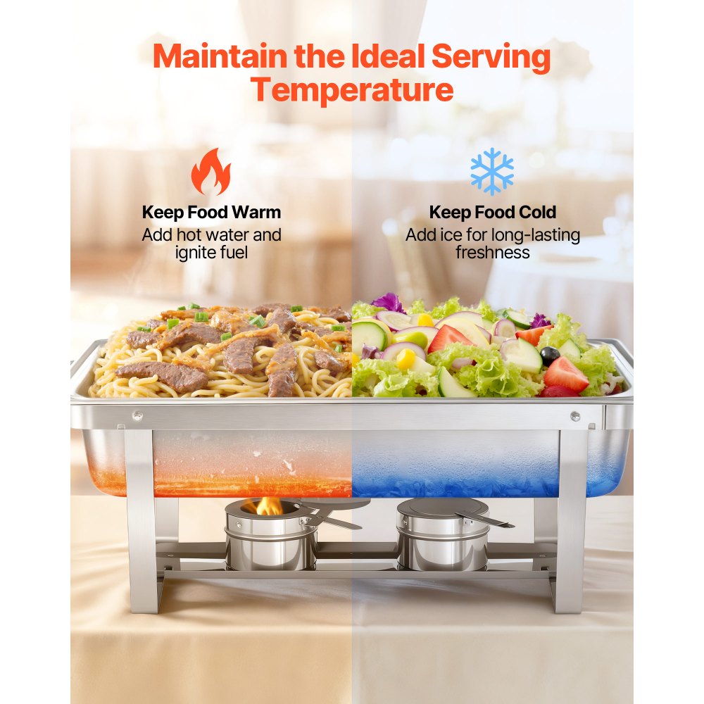 VEVOR Rechthoekige Chafing Dish Set 8,5 L Voedselwarmers (2 stuks) Buffet Warmhoudbakjes met Handvat & 1 Voedseltang & Deksel & Brandstofhouder, Geschikt voor Banket Feest Bruiloft Zilver