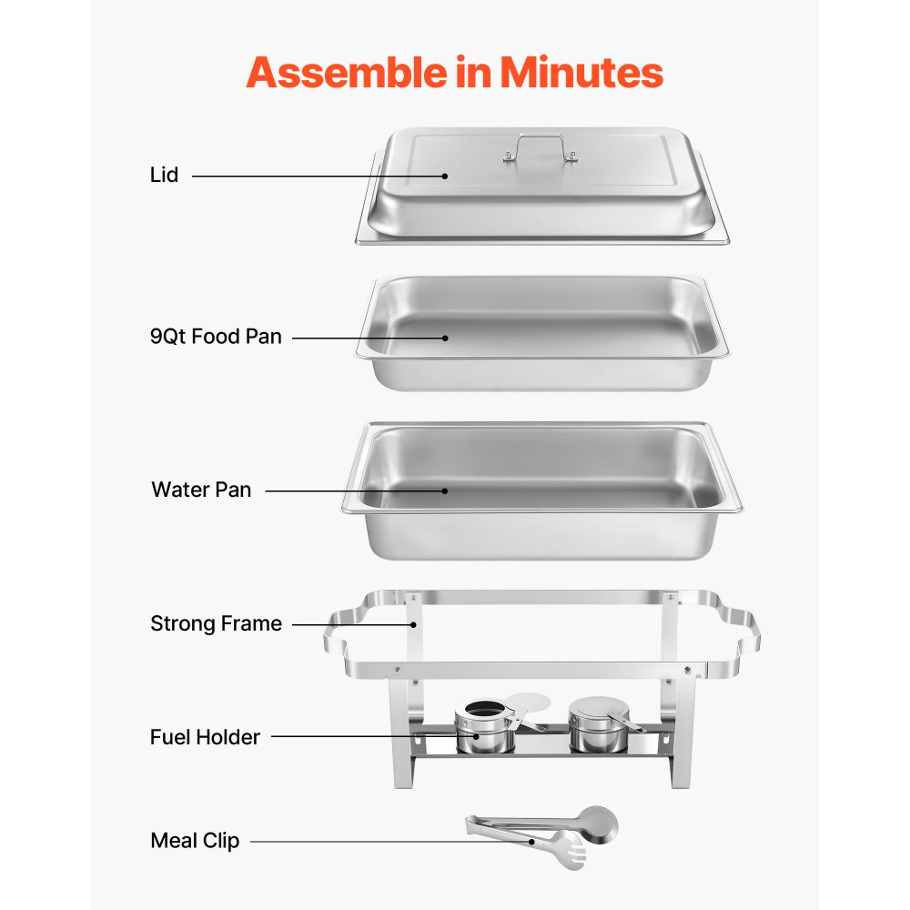 VEVOR Rechthoekige Chafing Dish Set 8,5 L Voedselwarmers (2 stuks) Buffet Warmhoudbakjes met Handvat & 1 Voedseltang & Deksel & Brandstofhouder, Geschikt voor Banket Feest Bruiloft Zilver