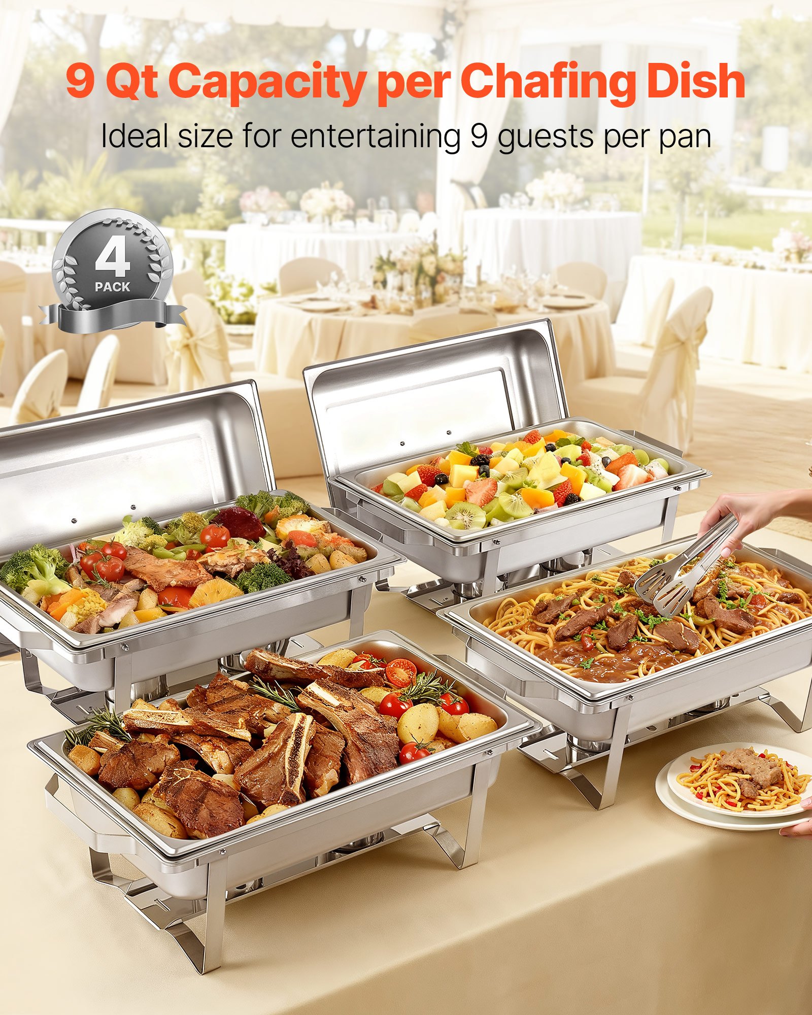 VEVOR Rectangle Chafing Dish, 9 Qt 4 Pack Stainless Steel Chafing Dish, Food Warmer Chafer Complete Set with Hollow Handle, 2 Food Tongs, Lid, Fuel Holder, Chafer Dishes for Banquet Party Wedding