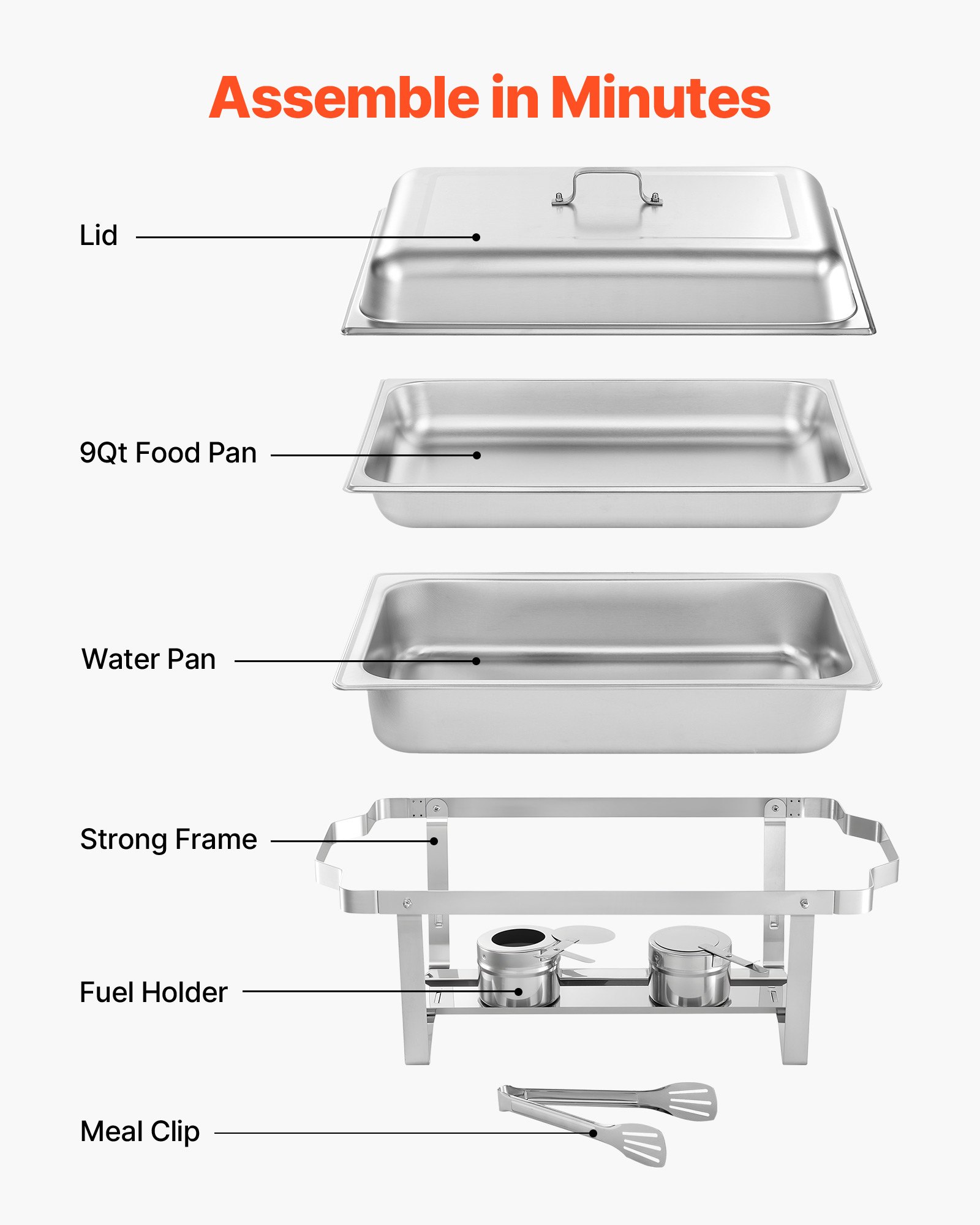 VEVOR Rectangle Chafing Dish, 9 Qt 4 Pack Stainless Steel Chafing Dish, Food Warmer Chafer Complete Set with Hollow Handle, 2 Food Tongs, Lid, Fuel Holder, Chafer Dishes for Banquet Party Wedding